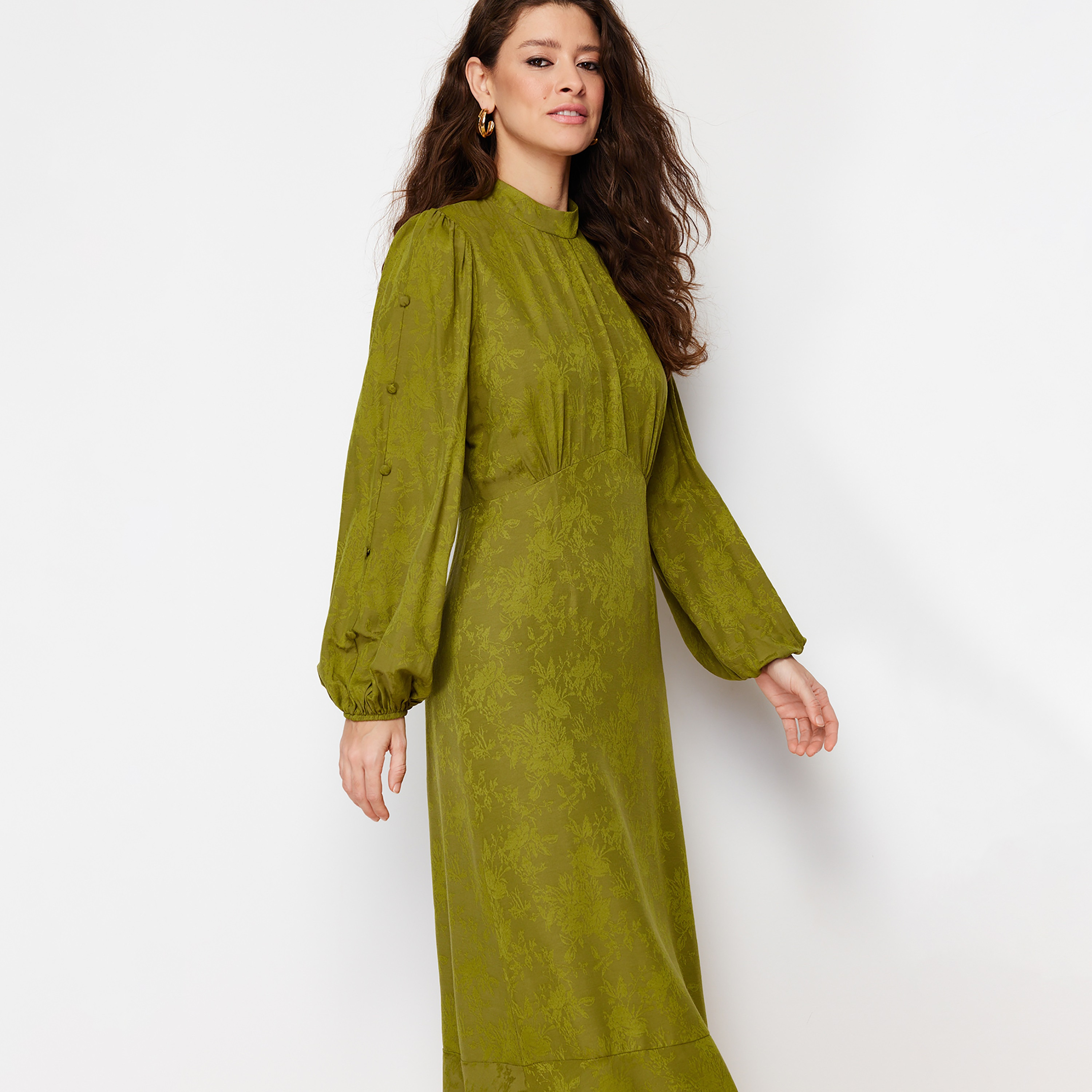 Trendyol Modest Green Jacquard Floral High Neck Balloon Sleeves Tiered Women's Maxi Dress-women-clothing-dresses-image-5