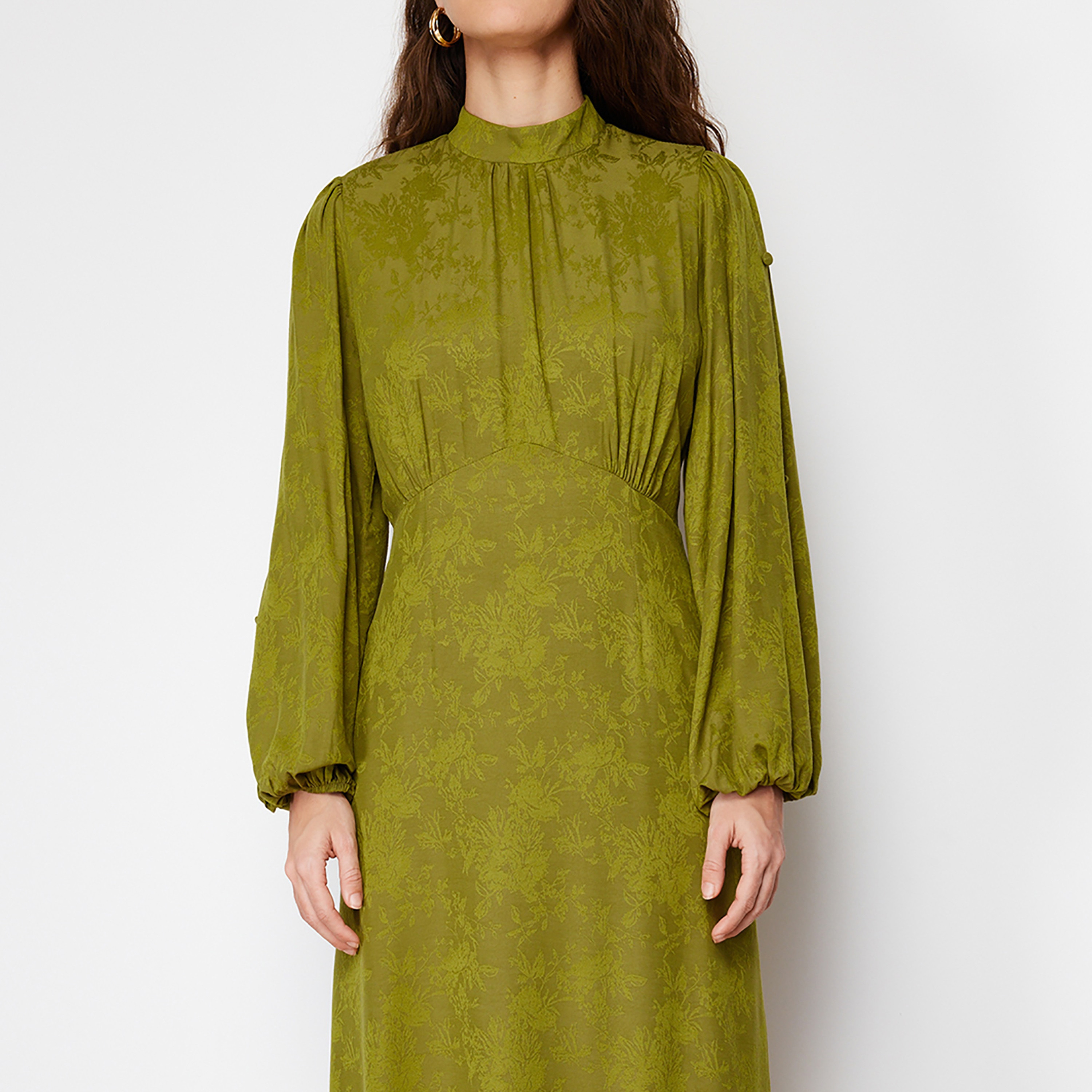 Trendyol Modest Green Jacquard Floral High Neck Balloon Sleeves Tiered Women's Maxi Dress-women-clothing-dresses-image-6