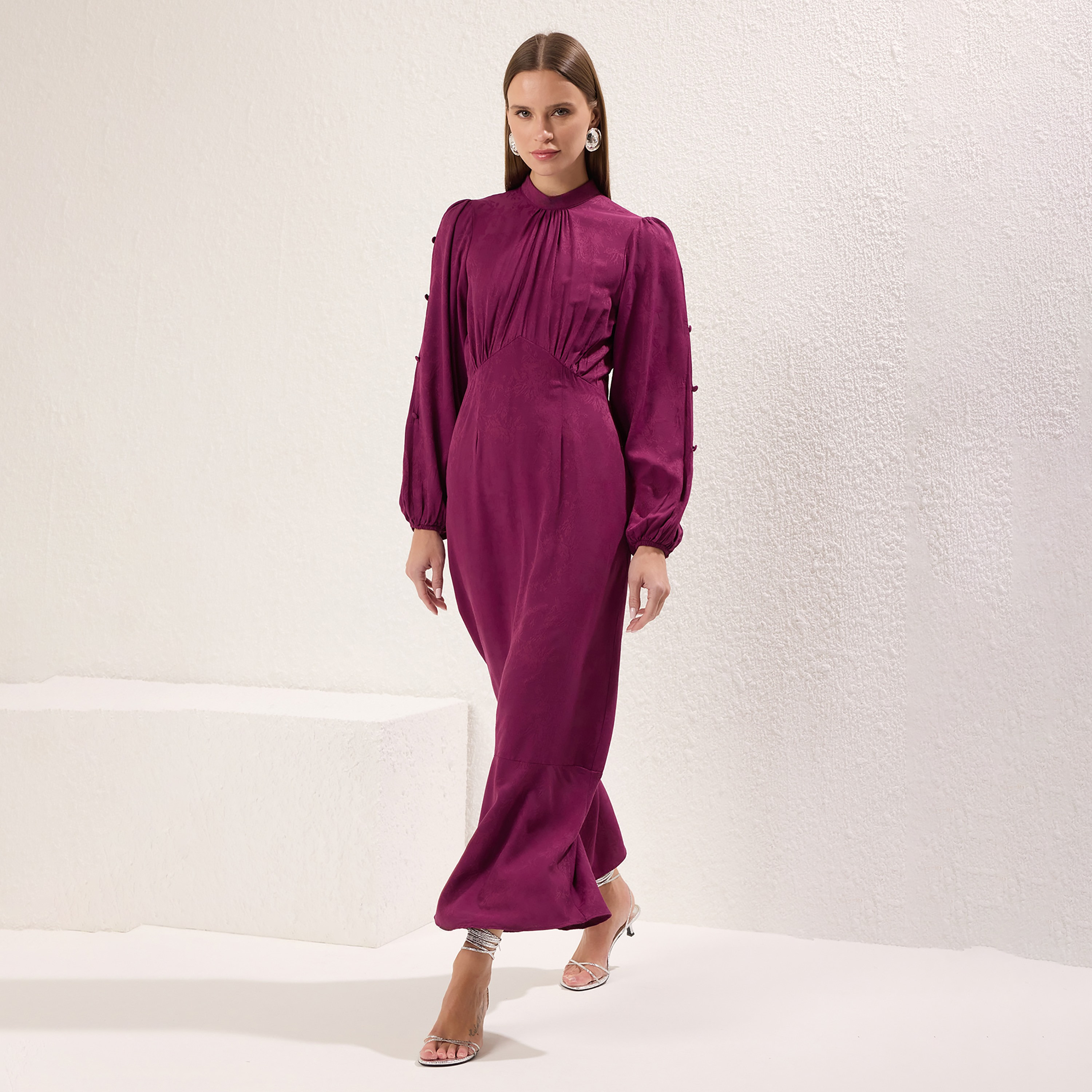 Modest Green Jacquard Floral High Neck Balloon Sleeves Tiered Women's Maxi Dress-women-clothing-dresses-image-1
