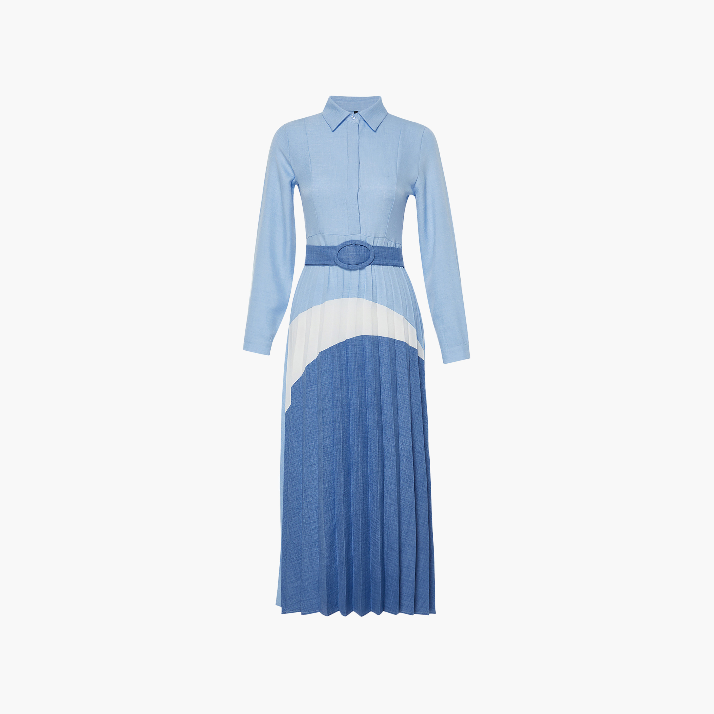 فستان قميص ميدي حريمي أزرق محتشم بألوان متباينة بياقة من ترينديول-women-clothing-dresses-image-6