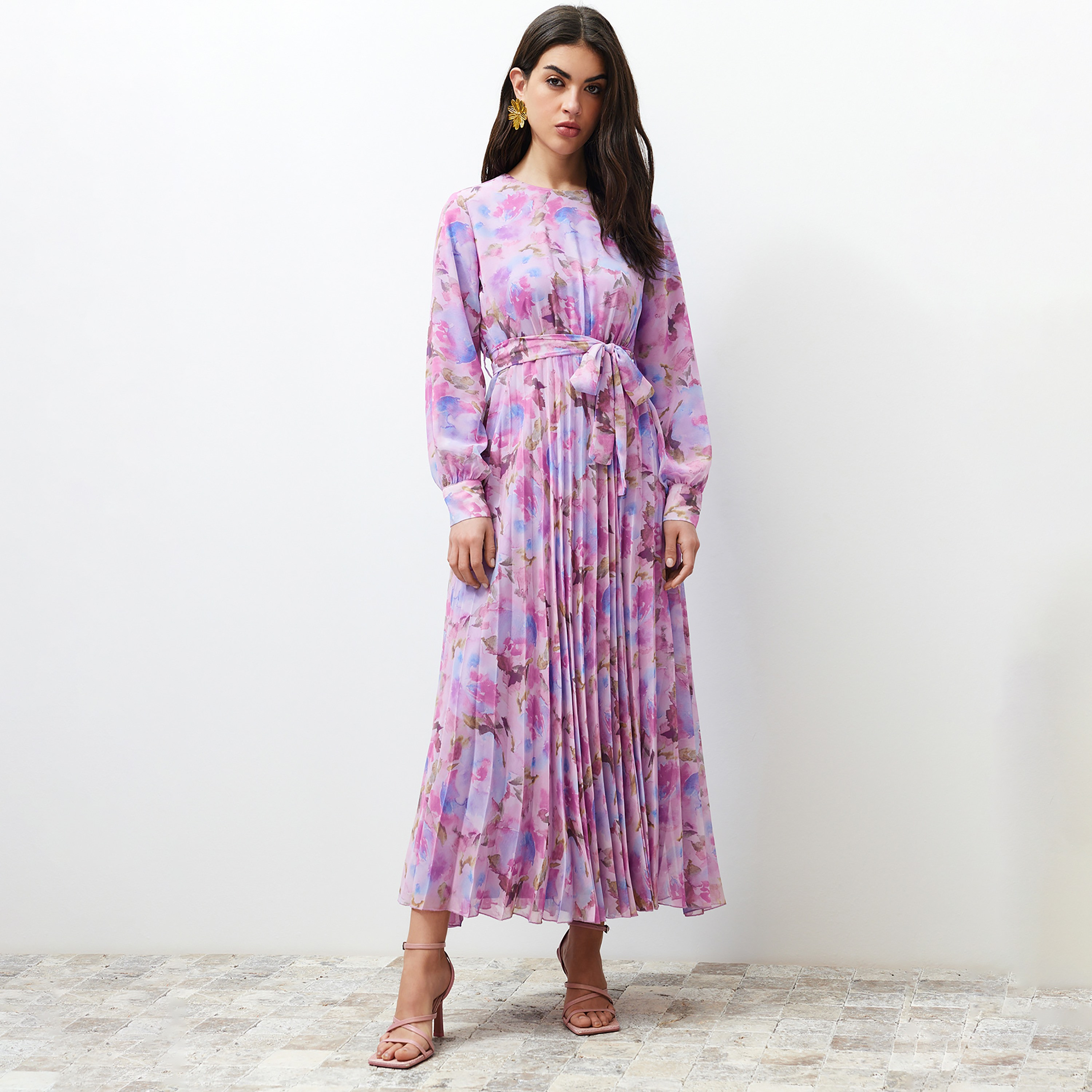 Trendyol Modest Multicolor Abstract Floral Chiffon Bishop Sleeves Fit & Flared Women's Maxi Dress-women-clothing-dresses-image-1