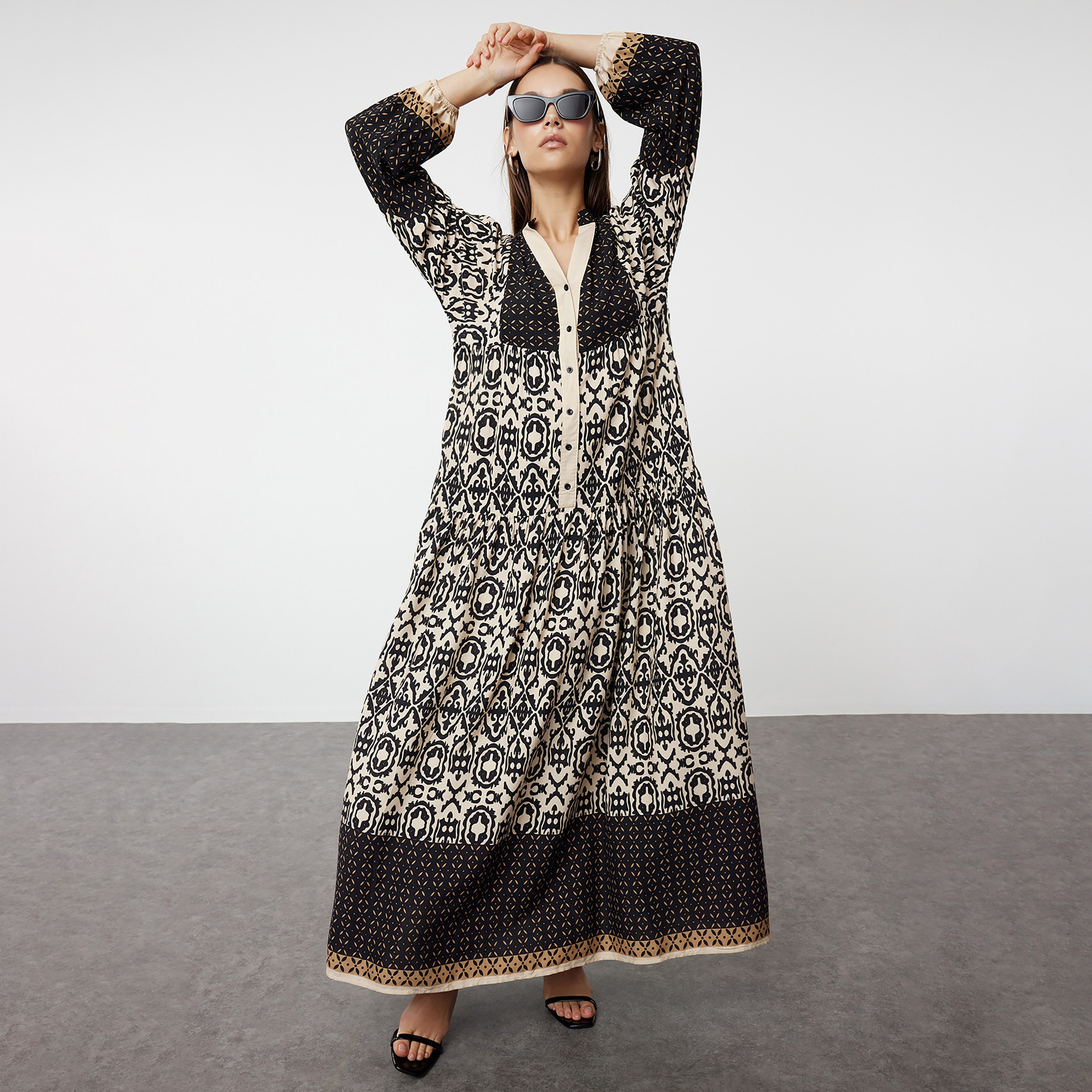 Trendyol Modest Multicolor Geometric Print Mandarin Collar Flared Women's Maxi Dress-women-clothing-dresses-image-1