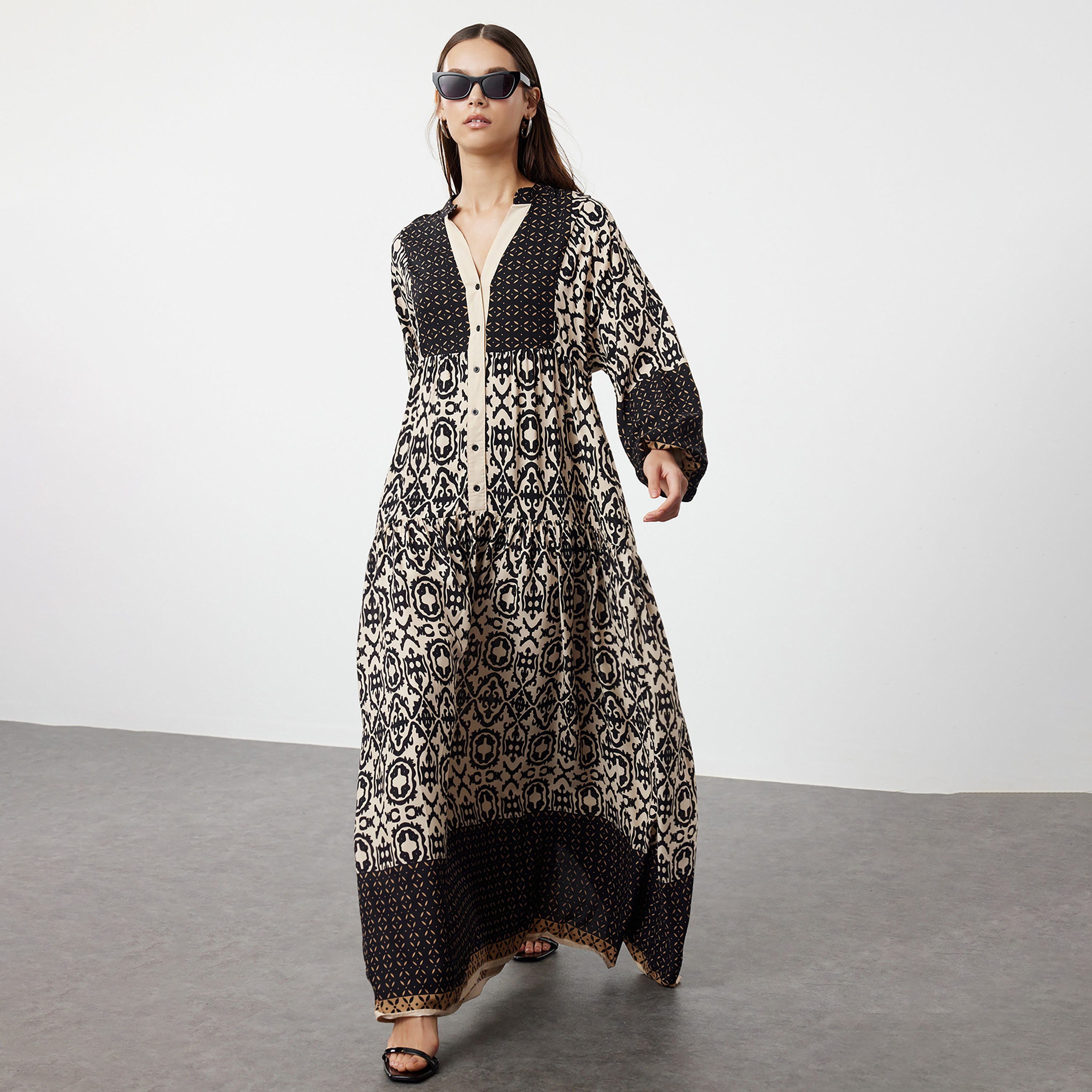 Trendyol Modest Multicolor Geometric Print Mandarin Collar Flared Women's Maxi Dress-women-clothing-dresses-image-2