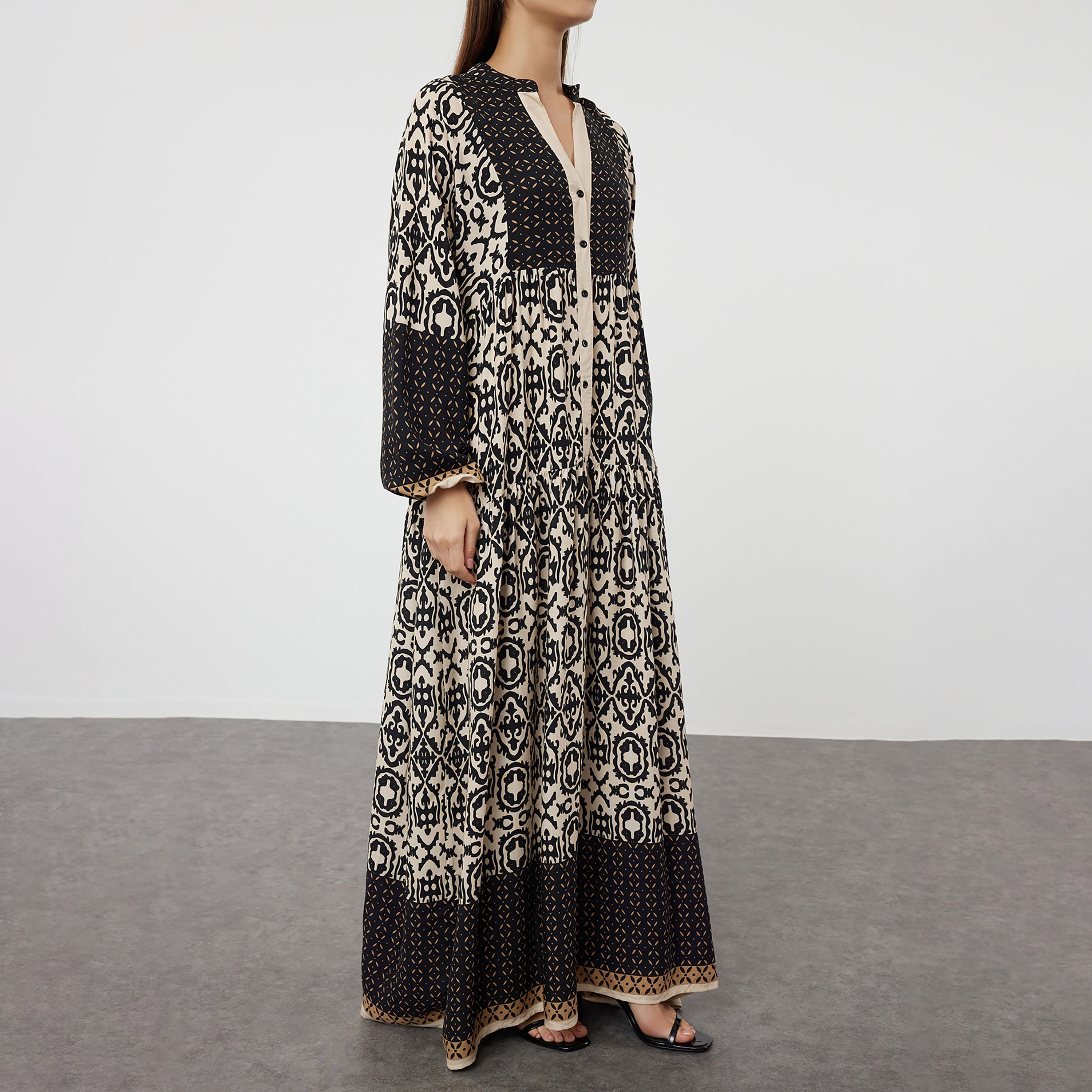 Trendyol Modest Multicolor Geometric Print Mandarin Collar Flared Women's Maxi Dress-women-clothing-dresses-image-3