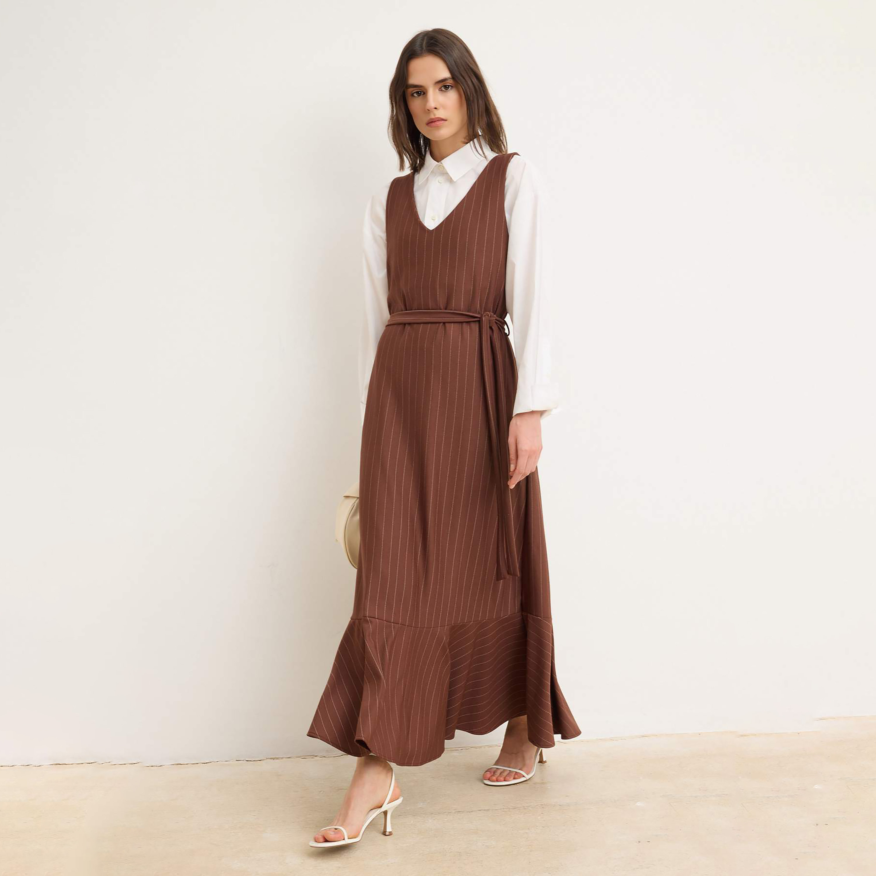 Trendyol Modest Brown Striped Tiered Women's Maxi Dress-women-clothing-dresses-image-1