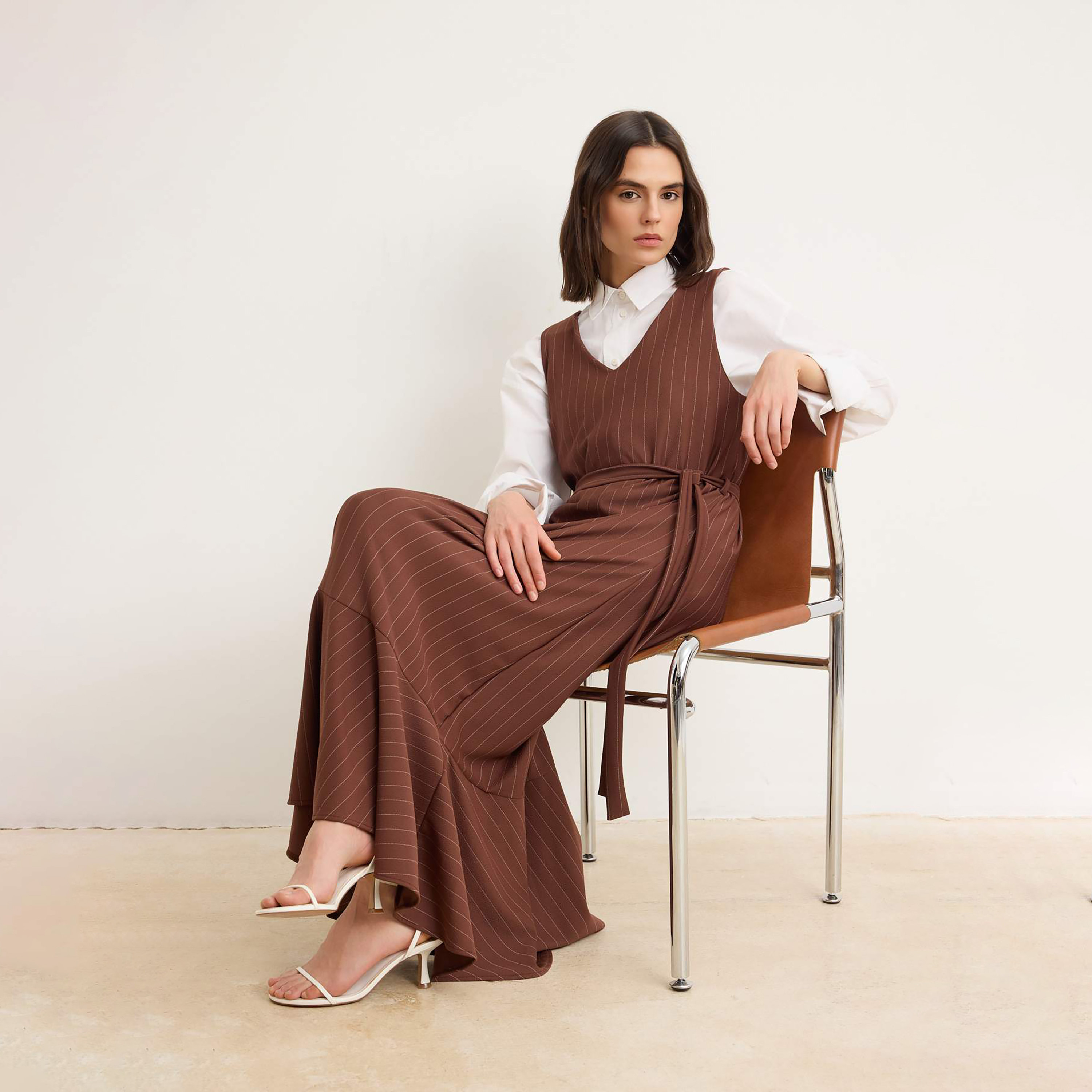 Trendyol Modest Brown Striped Tiered Women's Maxi Dress-women-clothing-dresses-image-2