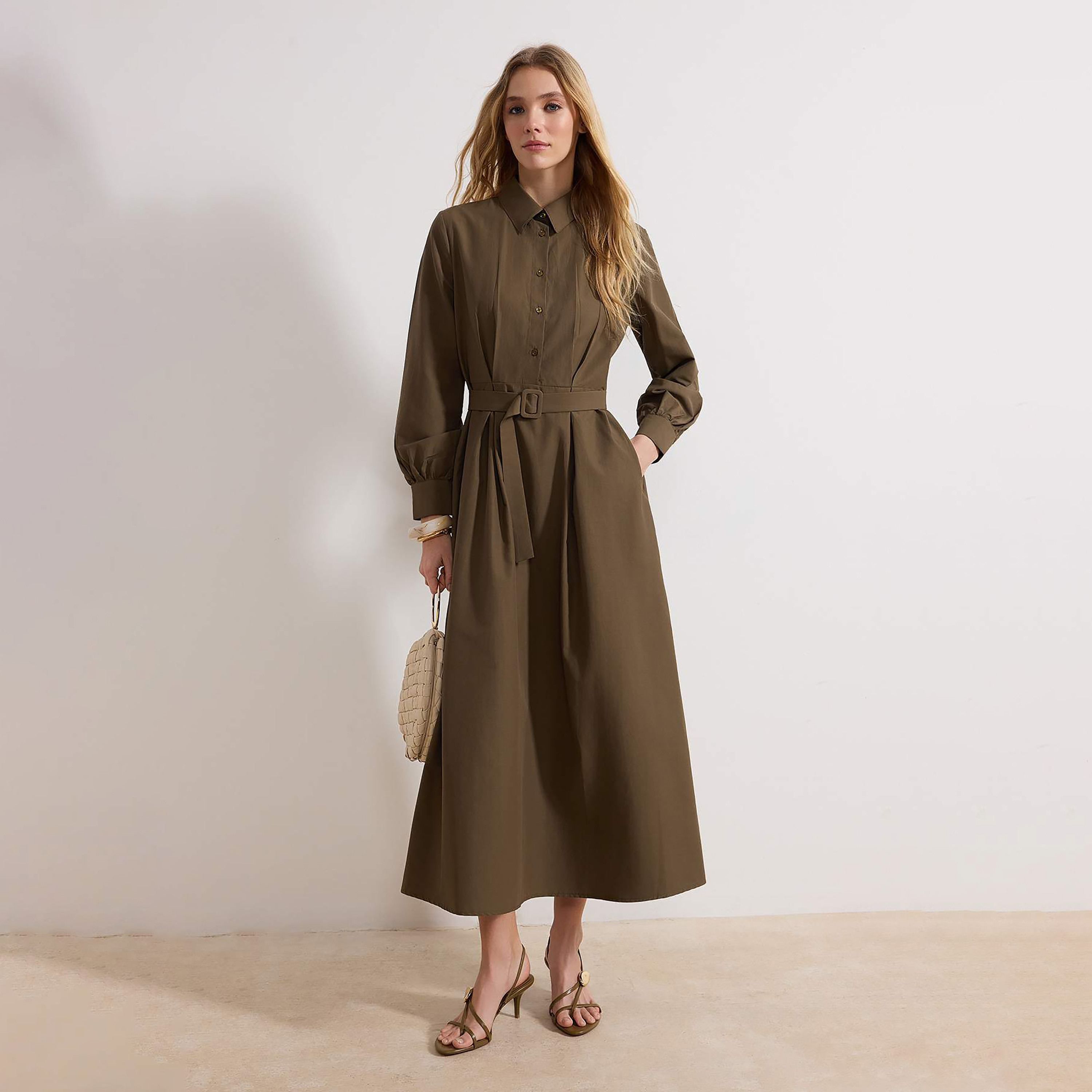 Modest Green Collared Cuffed Sleeves Women's Maxi Shirt Dress-women-clothing-dresses-image-1