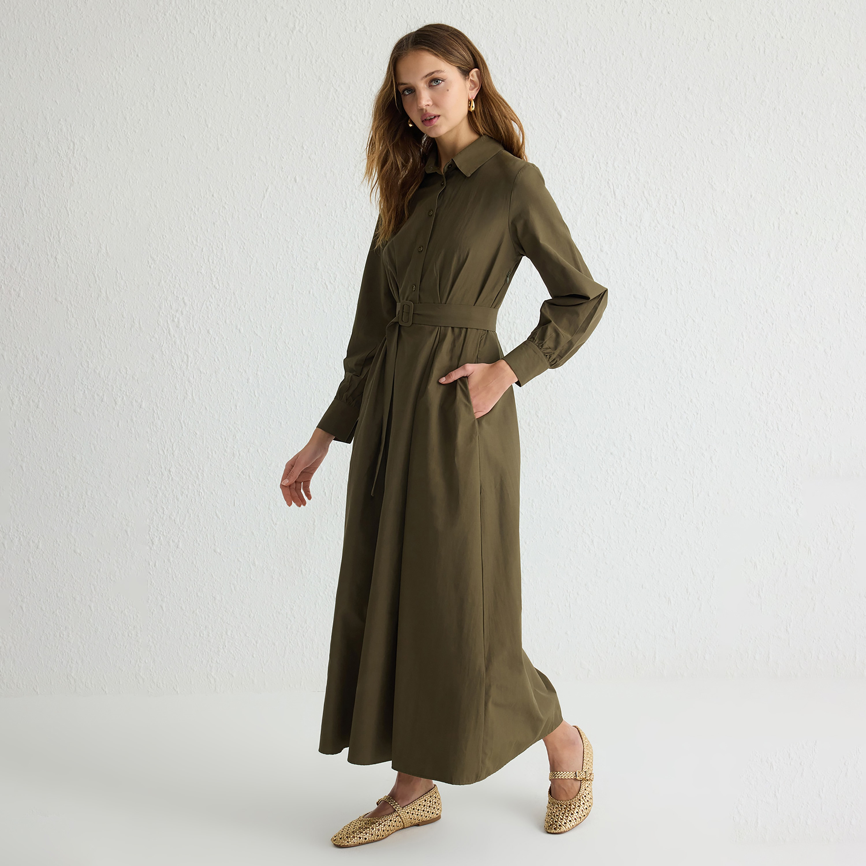 Modest Green Collared Cuffed Sleeves Women's Maxi Shirt Dress-women-clothing-dresses-image-2