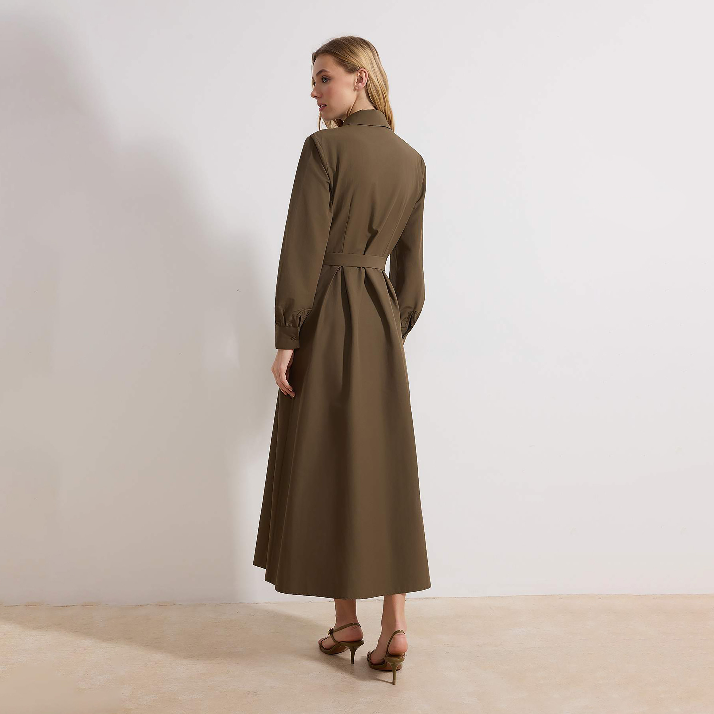 Modest Green Collared Cuffed Sleeves Women's Maxi Shirt Dress-women-clothing-dresses-image-3