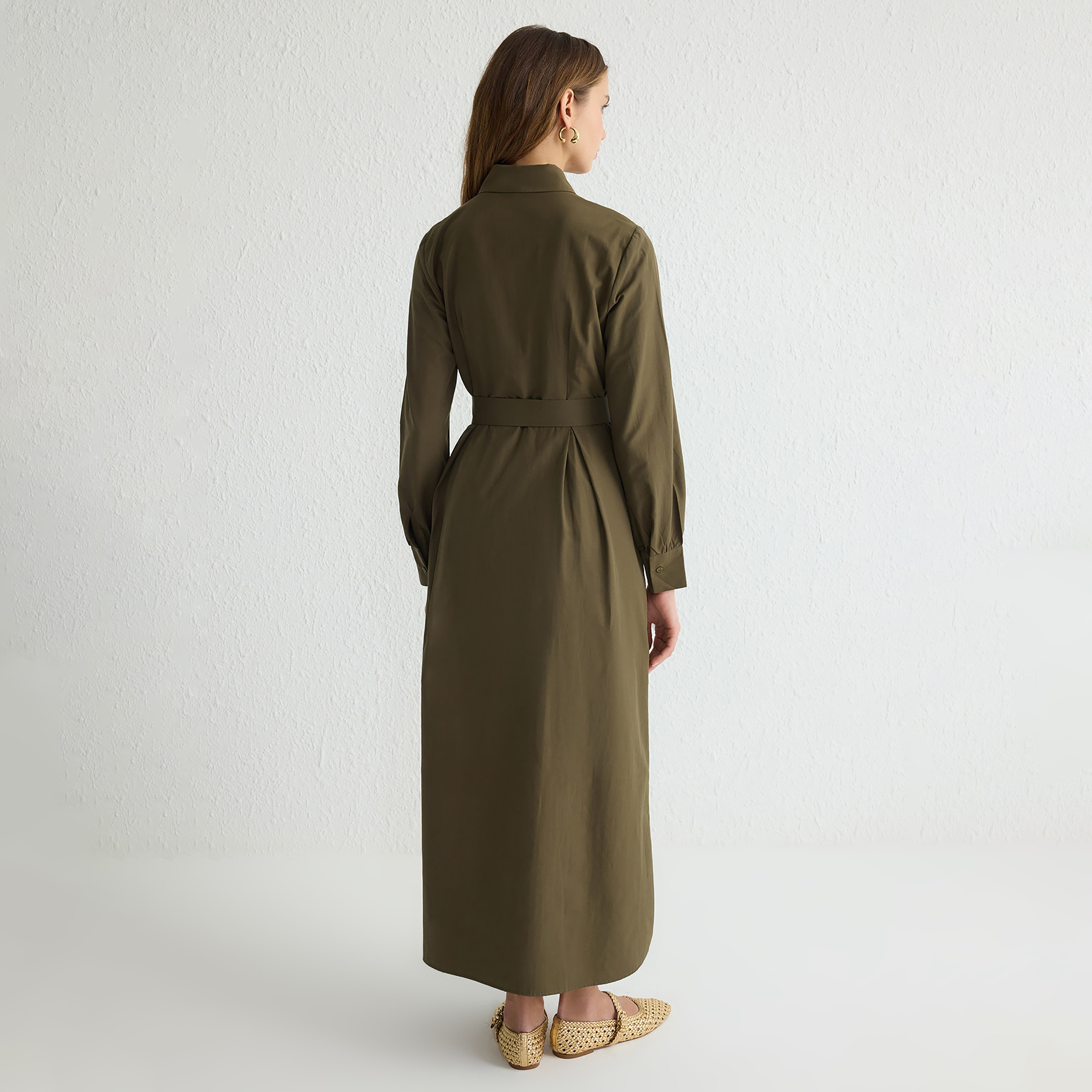 Modest Green Collared Cuffed Sleeves Women's Maxi Shirt Dress-women-clothing-dresses-image-4
