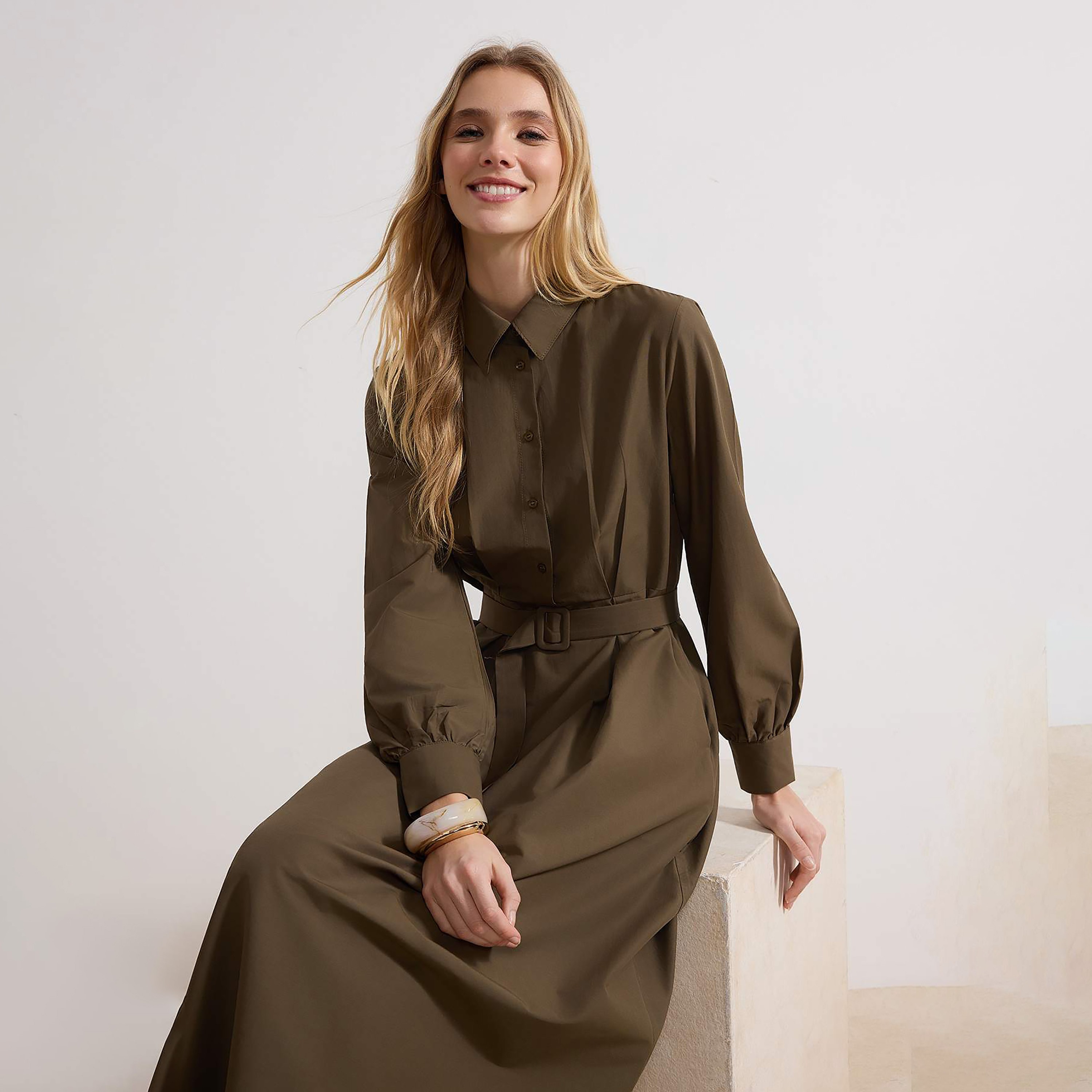 Modest Green Collared Cuffed Sleeves Women's Maxi Shirt Dress-women-clothing-dresses-image-5