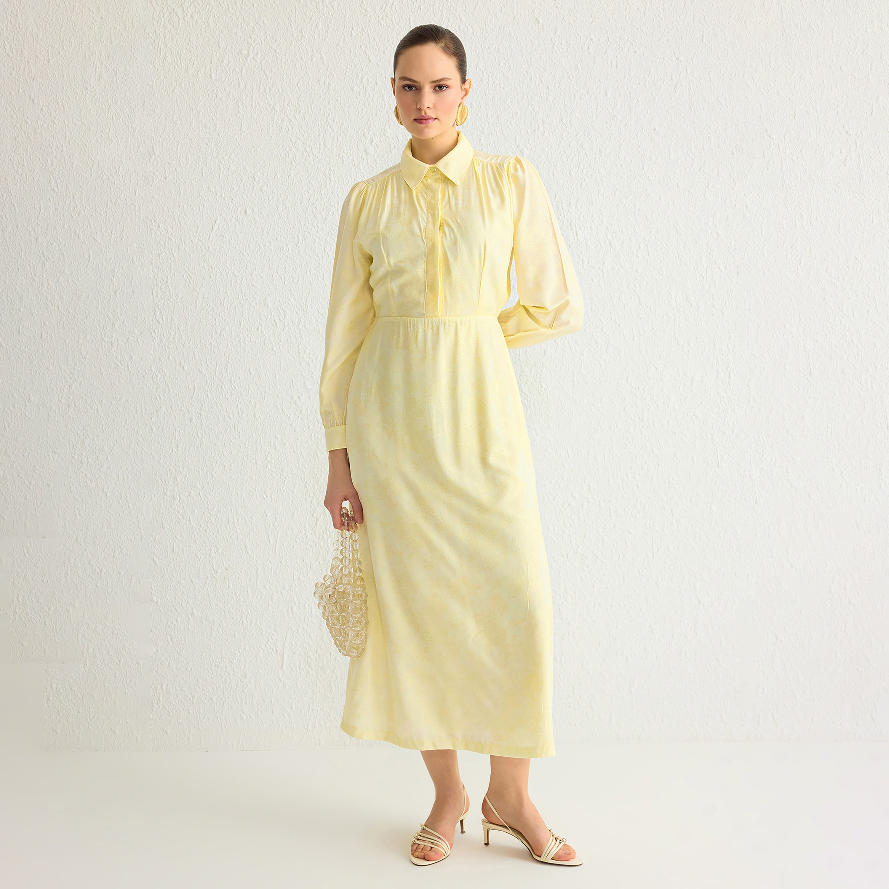 Trendyol Modest Light Yellow Collared Puff Sleeves Women's Midi Shirt Dress-women-clothing-dresses-image-1