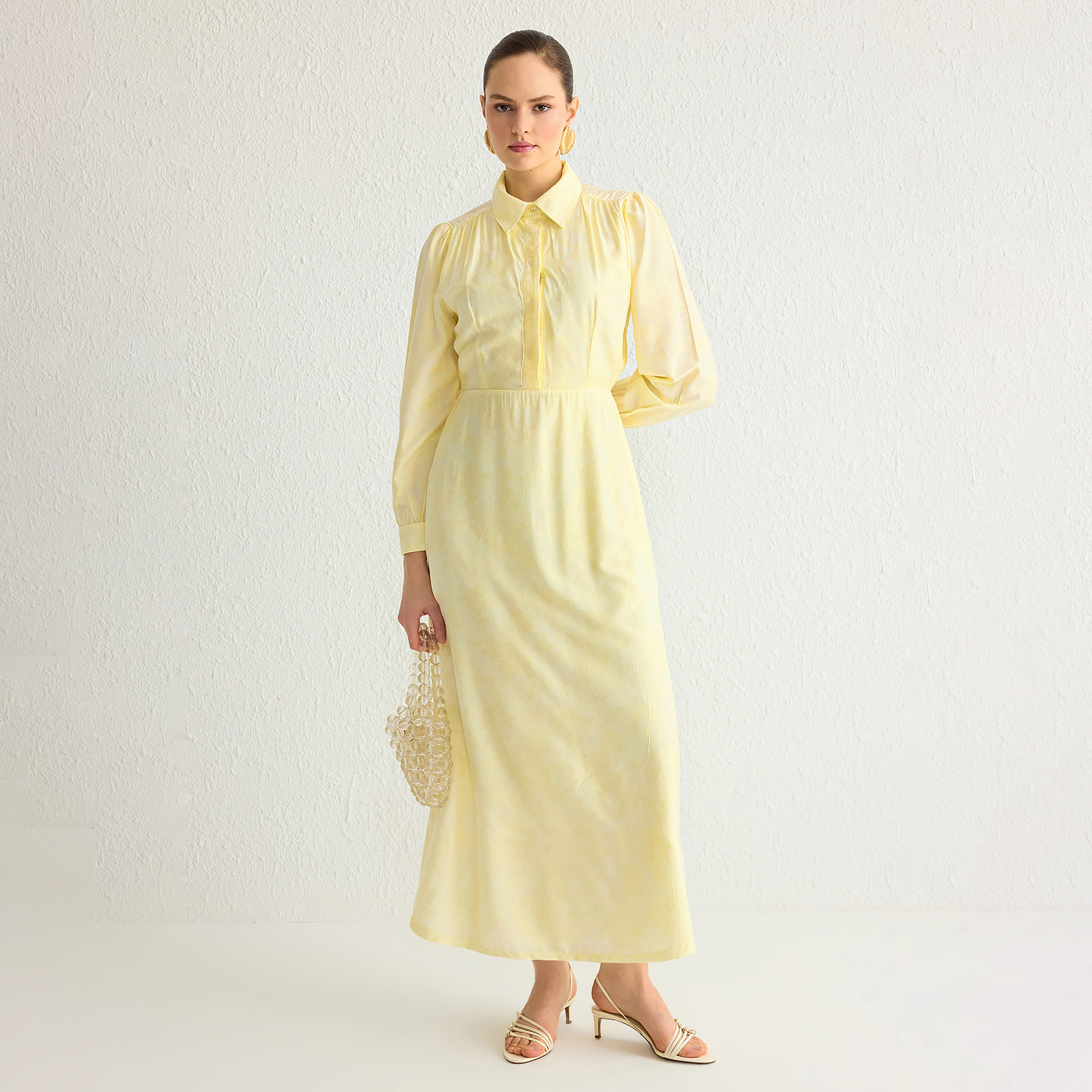 Trendyol Modest Light Yellow Collared Puff Sleeves Women's Midi Shirt Dress-women-clothing-dresses-image-2