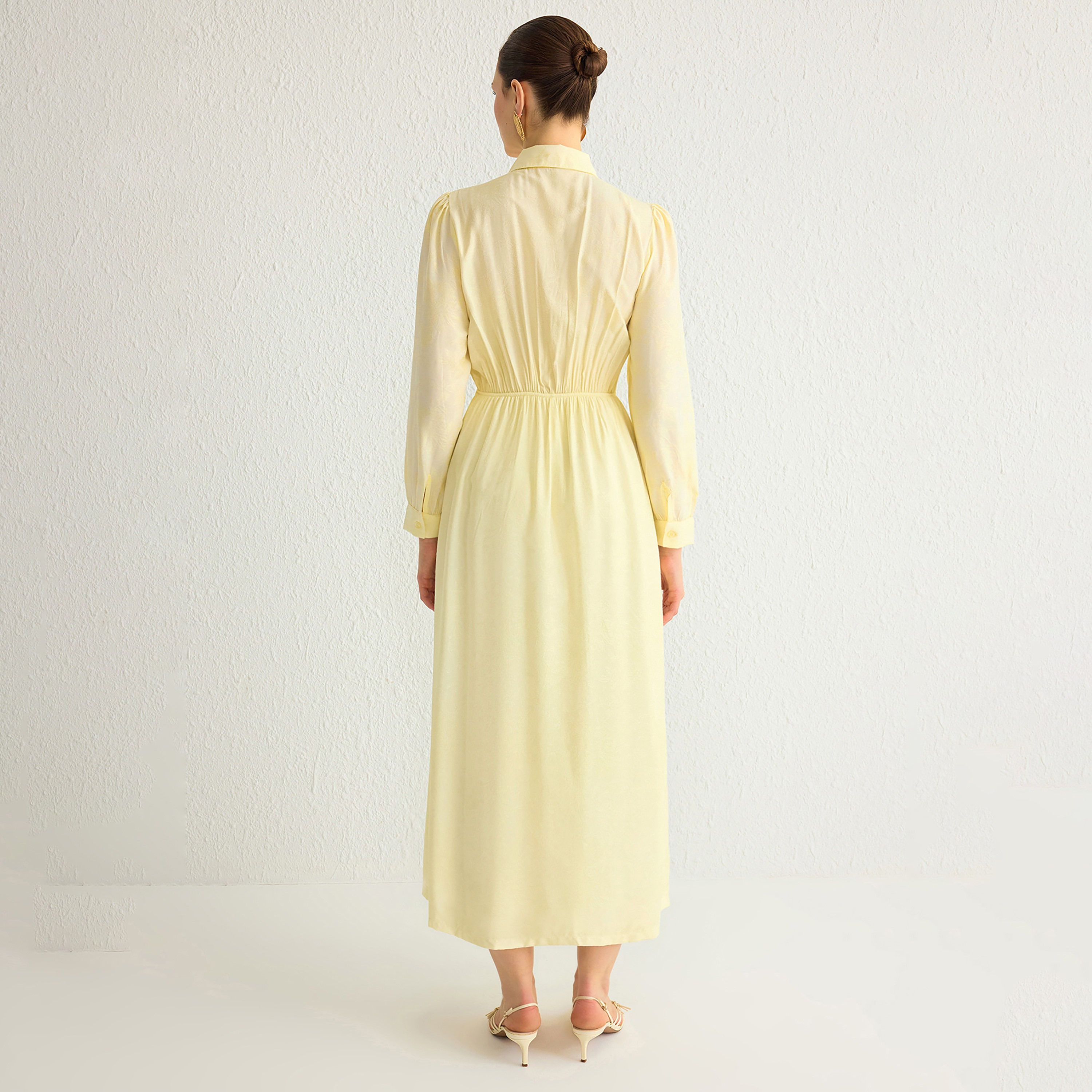 Trendyol Modest Light Yellow Collared Puff Sleeves Women's Midi Shirt Dress-women-clothing-dresses-image-3