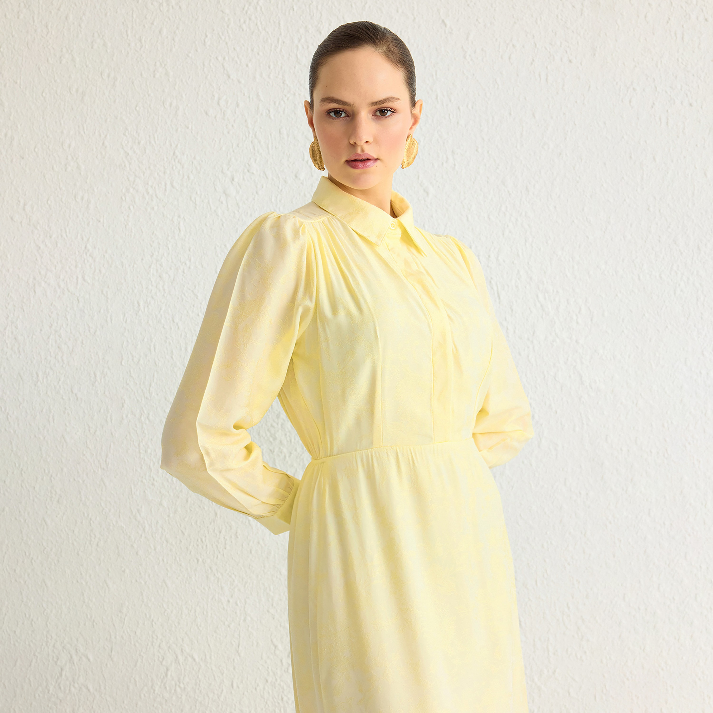 Trendyol Modest Light Yellow Collared Puff Sleeves Women's Midi Shirt Dress-women-clothing-dresses-image-4