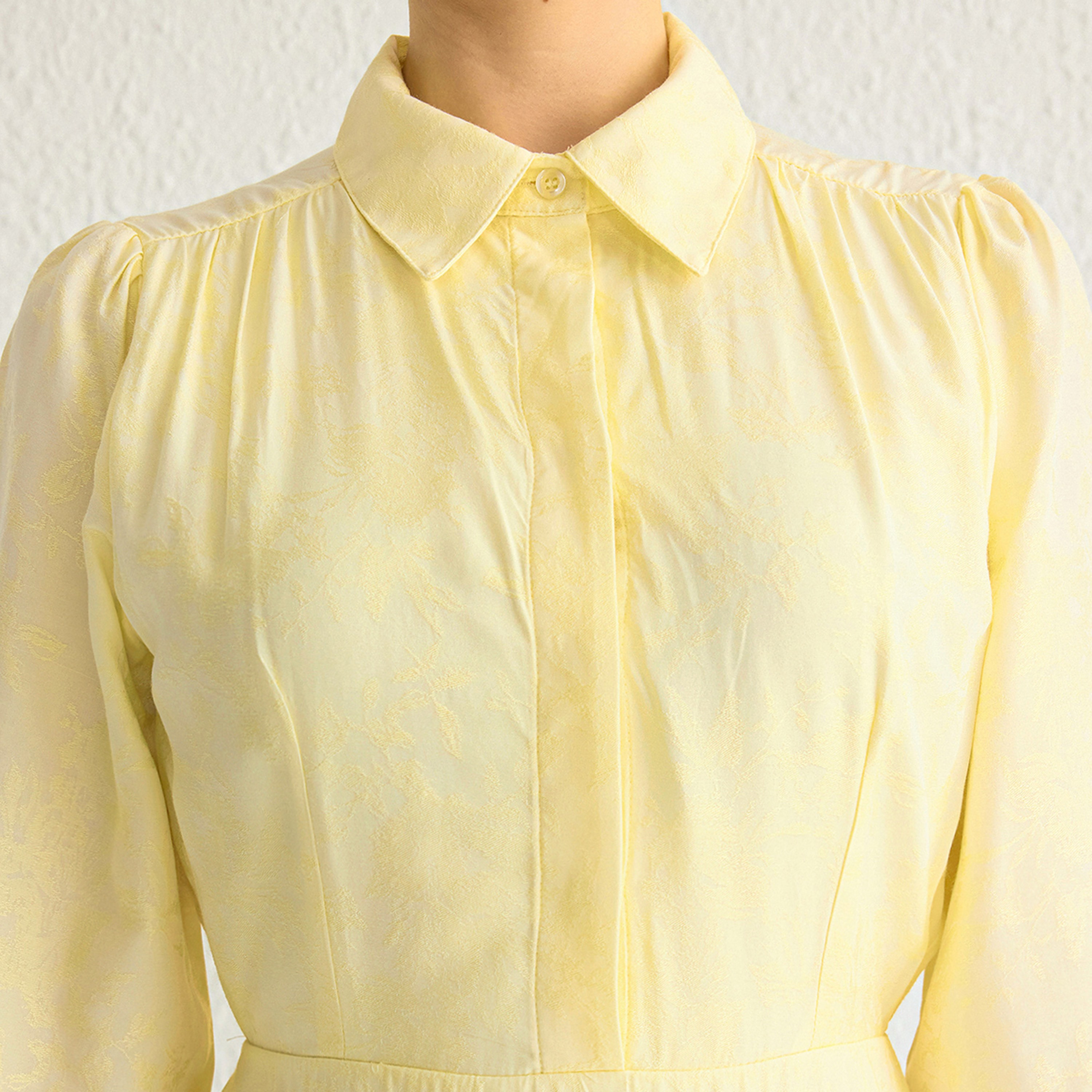 Trendyol Modest Light Yellow Collared Puff Sleeves Women's Midi Shirt Dress-women-clothing-dresses-image-5