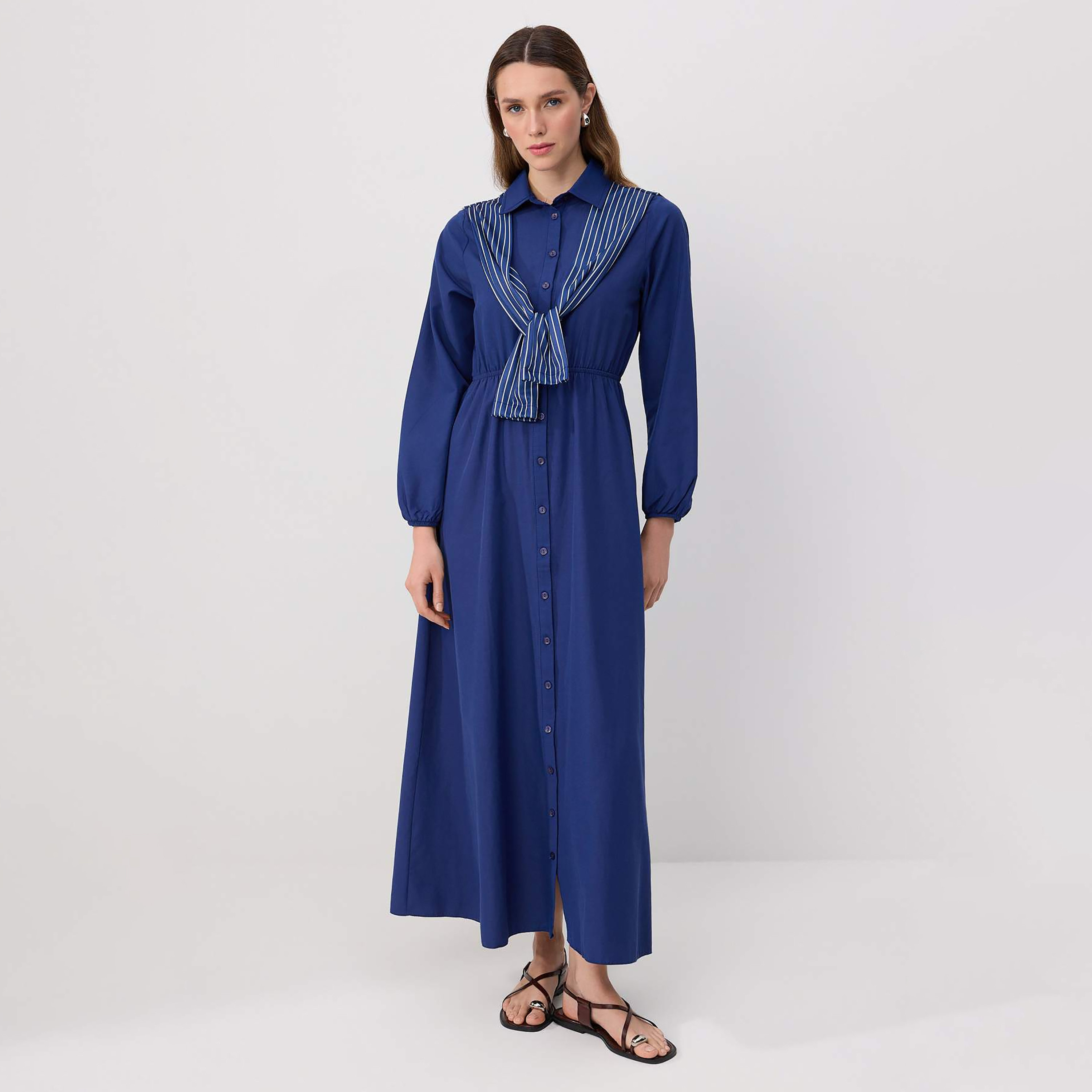 Trendyol Modest Navy Stripe Panelled Collared Elastic Cuffed Women's Maxi Shirt Dress-women-clothing-dresses-image-1