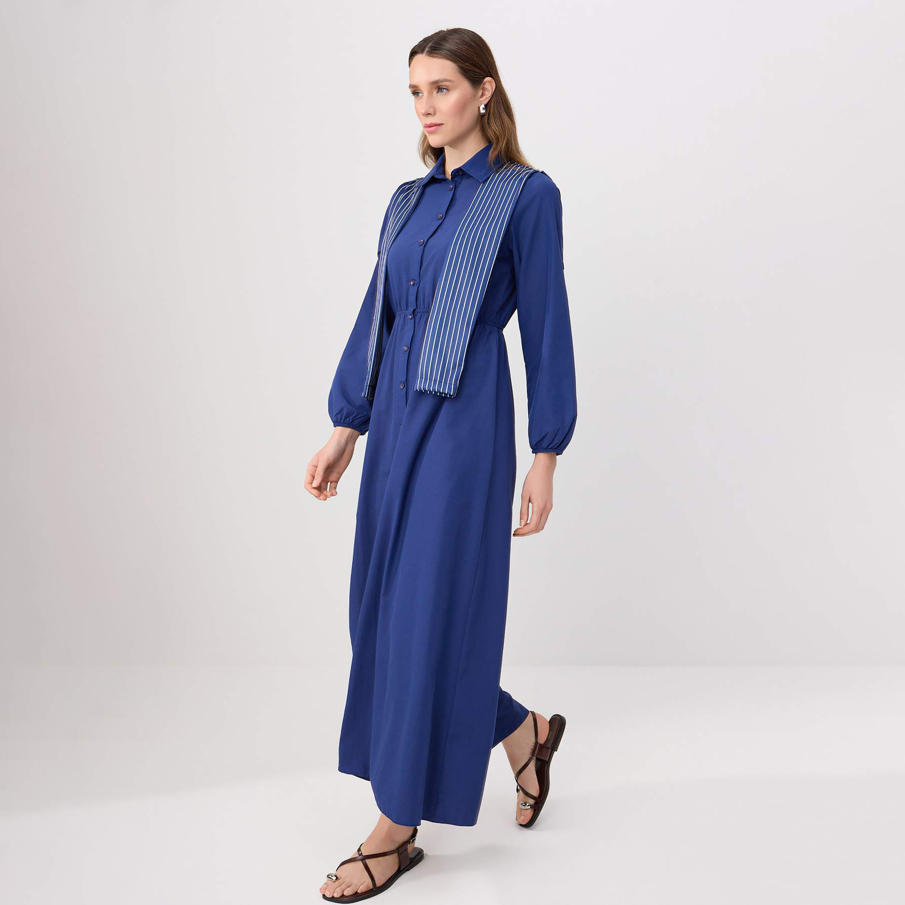 Trendyol Modest Navy Stripe Panelled Collared Elastic Cuffed Women's Maxi Shirt Dress-women-clothing-dresses-image-2
