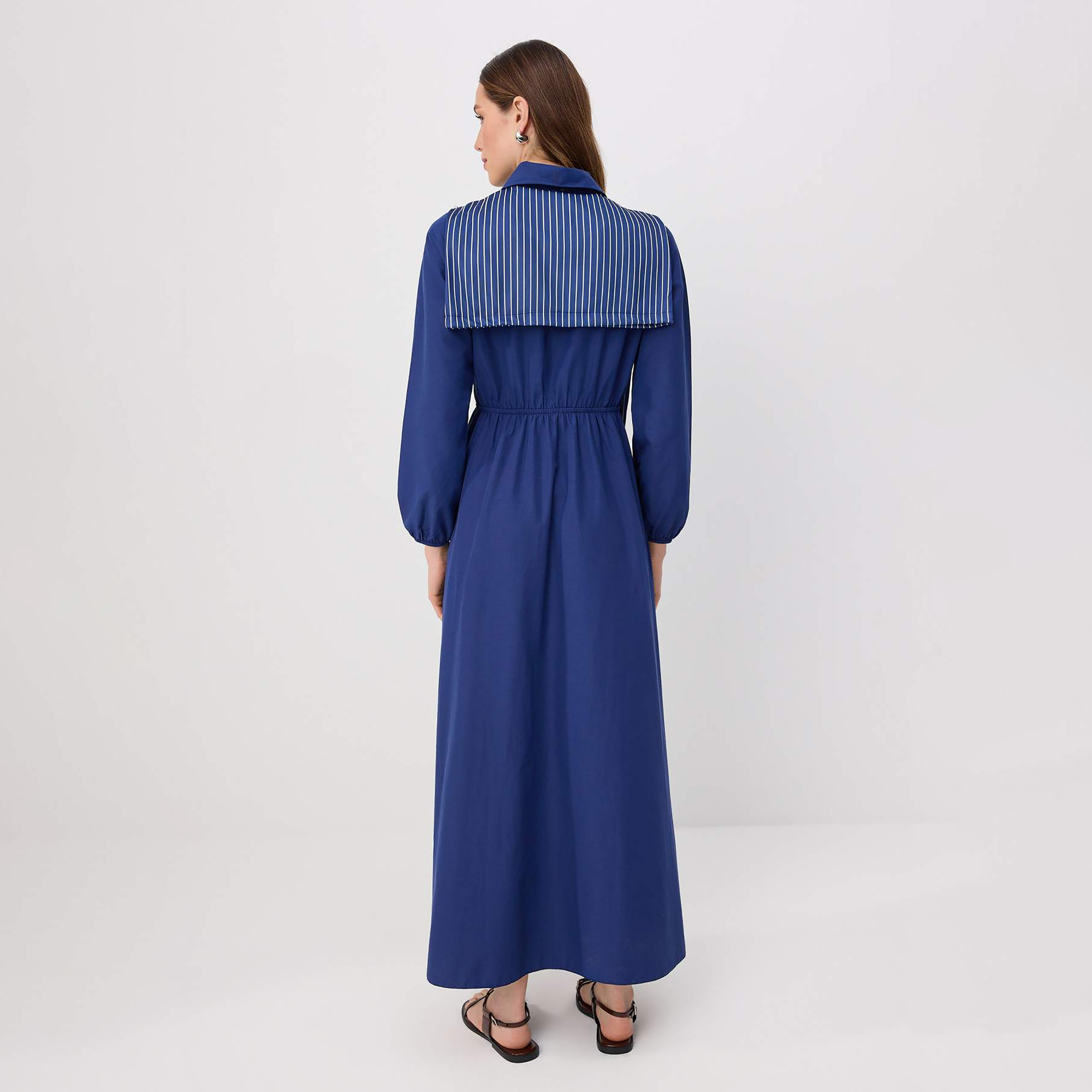 Trendyol Modest Navy Stripe Panelled Collared Elastic Cuffed Women's Maxi Shirt Dress-women-clothing-dresses-image-3