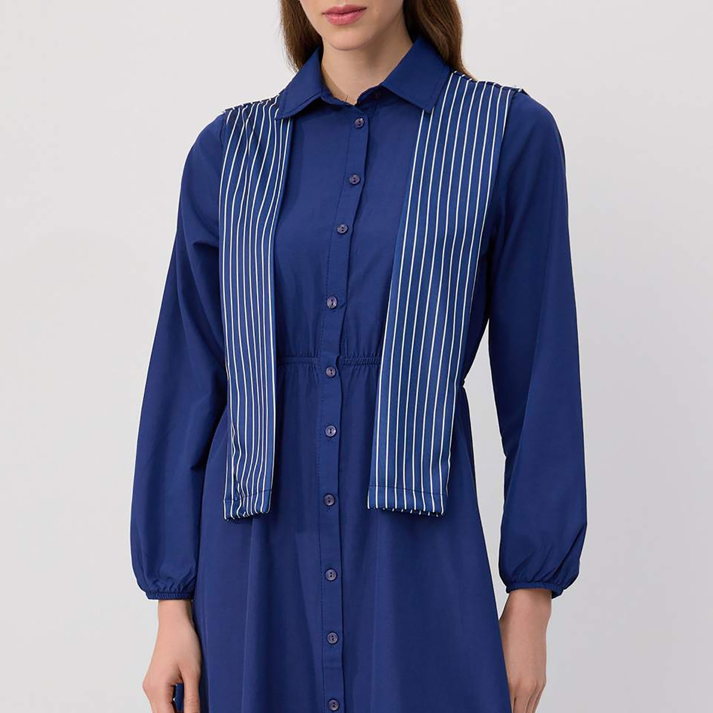 Trendyol Modest Navy Stripe Panelled Collared Elastic Cuffed Women's Maxi Shirt Dress-women-clothing-dresses-image-4