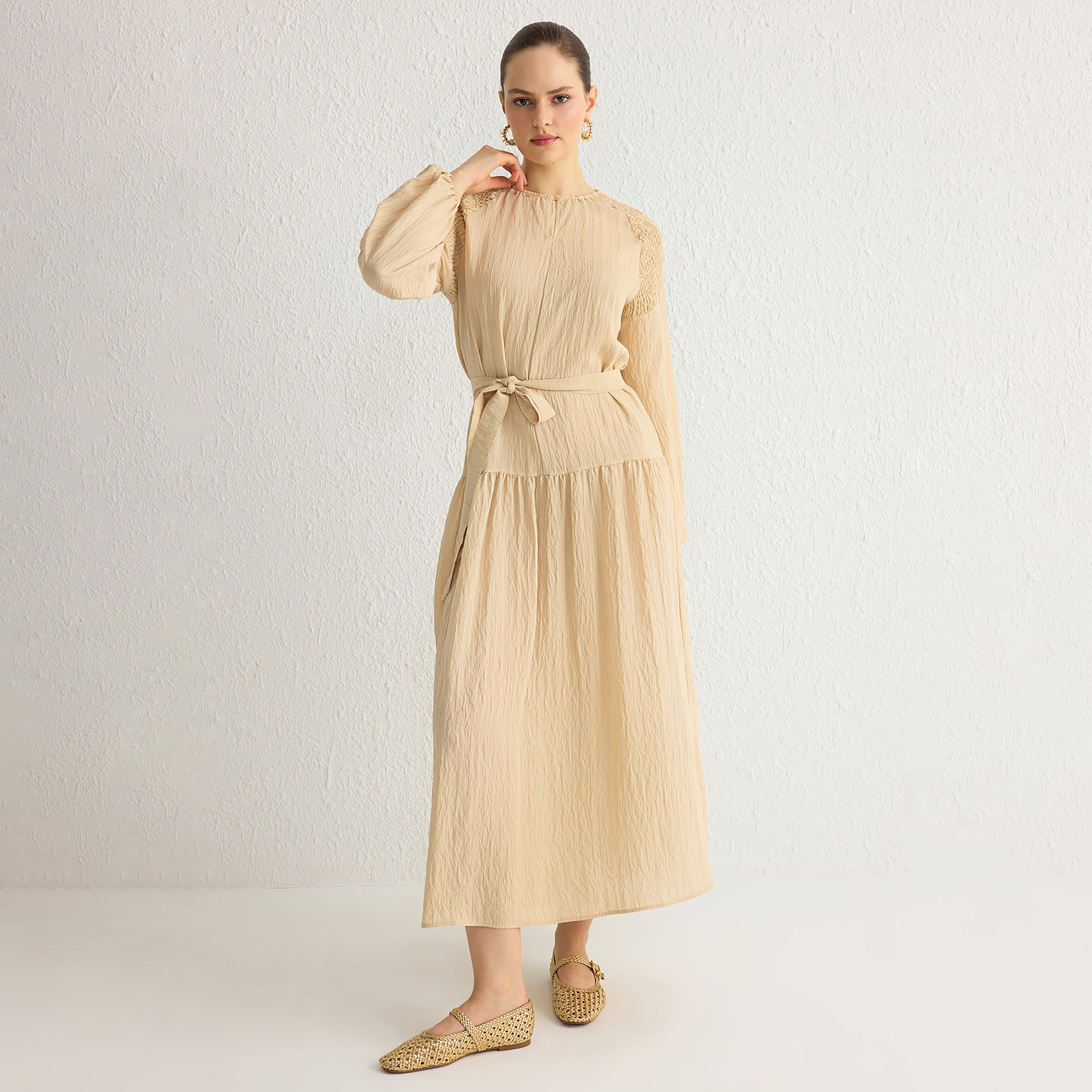Trendyol Modest Beige Textured Raglan Sleeves Tiered Women's Midi Dress-women-clothing-dresses-image-1