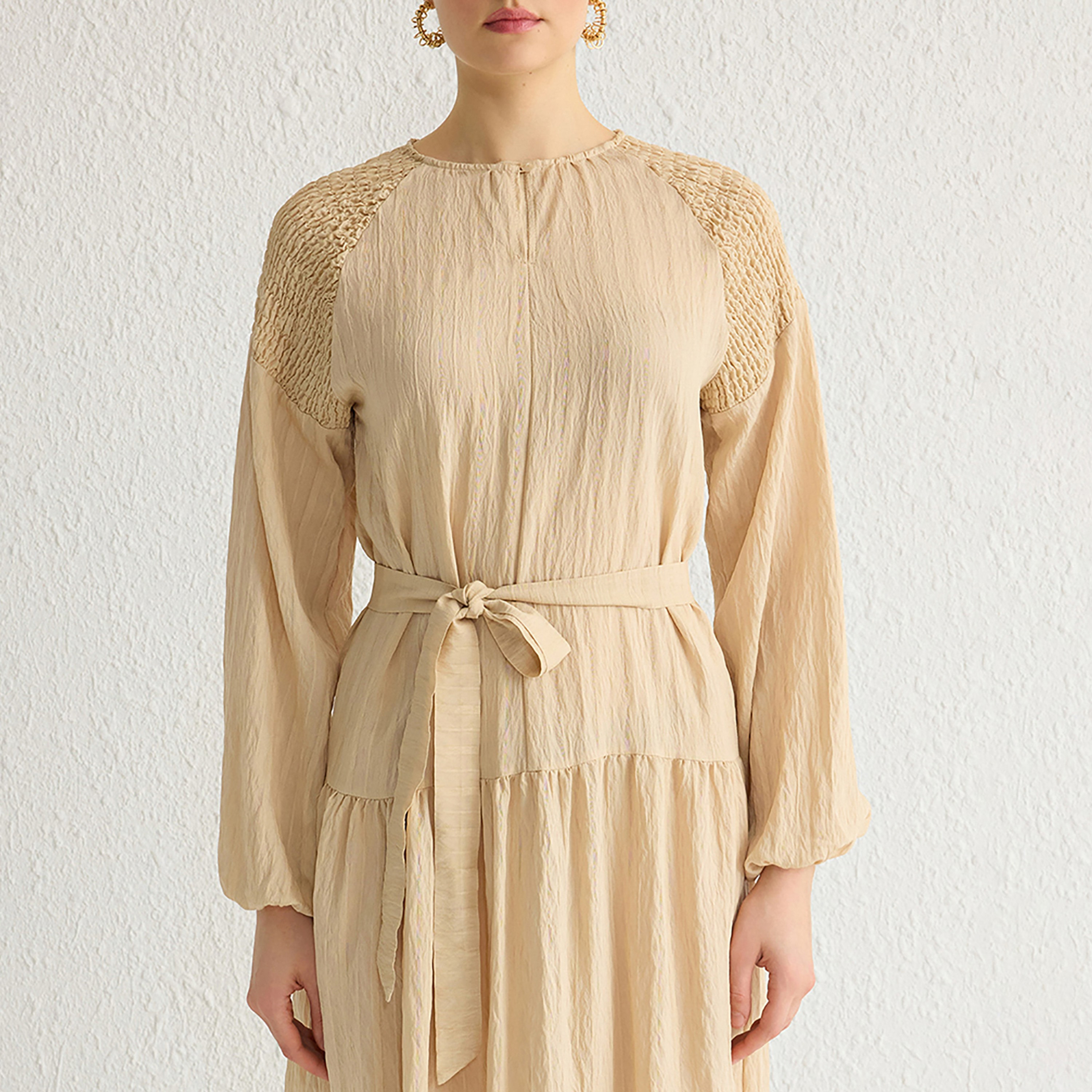 Trendyol Modest Beige Textured Raglan Sleeves Tiered Women's Midi Dress-women-clothing-dresses-image-4