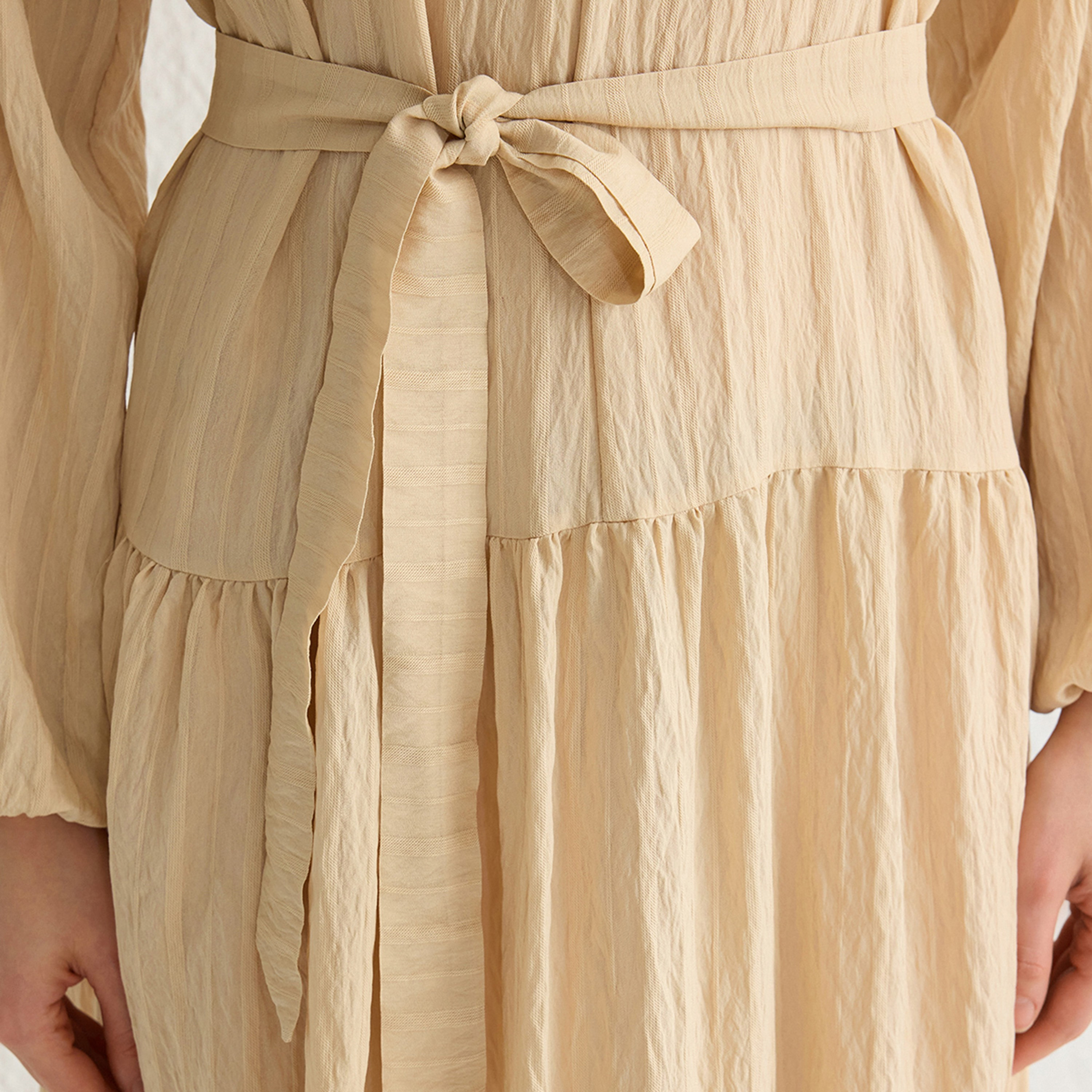 Trendyol Modest Beige Textured Raglan Sleeves Tiered Women's Midi Dress-women-clothing-dresses-image-5