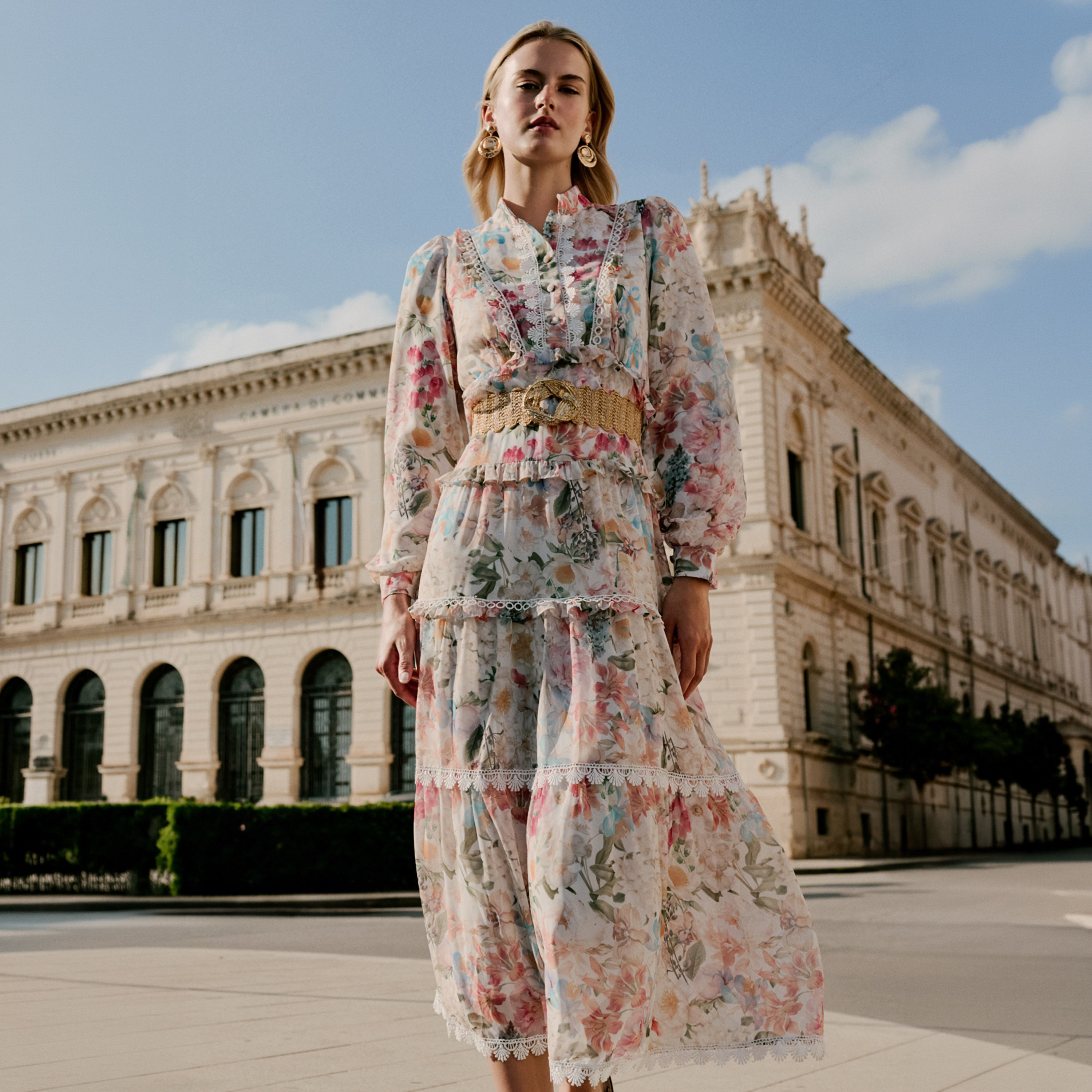 Trendyol Modest Multicolour Floral Print Mandarin Collar Puff Sleeves Tiered Women's Maxi Dress-women-clothing-dresses-image-1