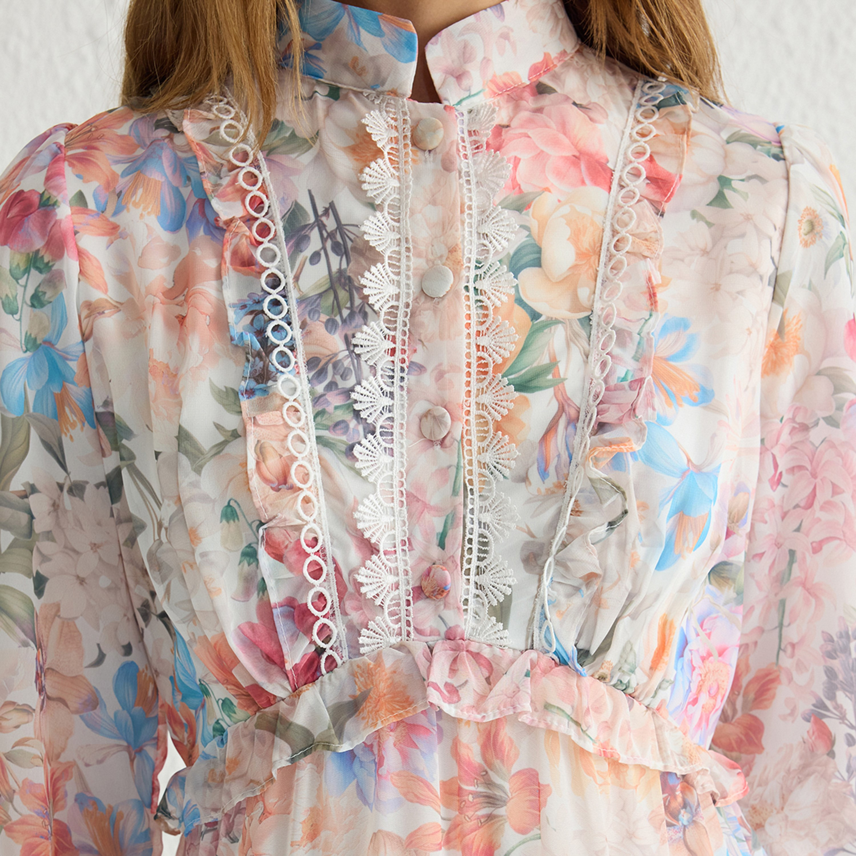 Trendyol Modest Multicolour Floral Print Mandarin Collar Puff Sleeves Tiered Women's Maxi Dress-women-clothing-dresses-image-2