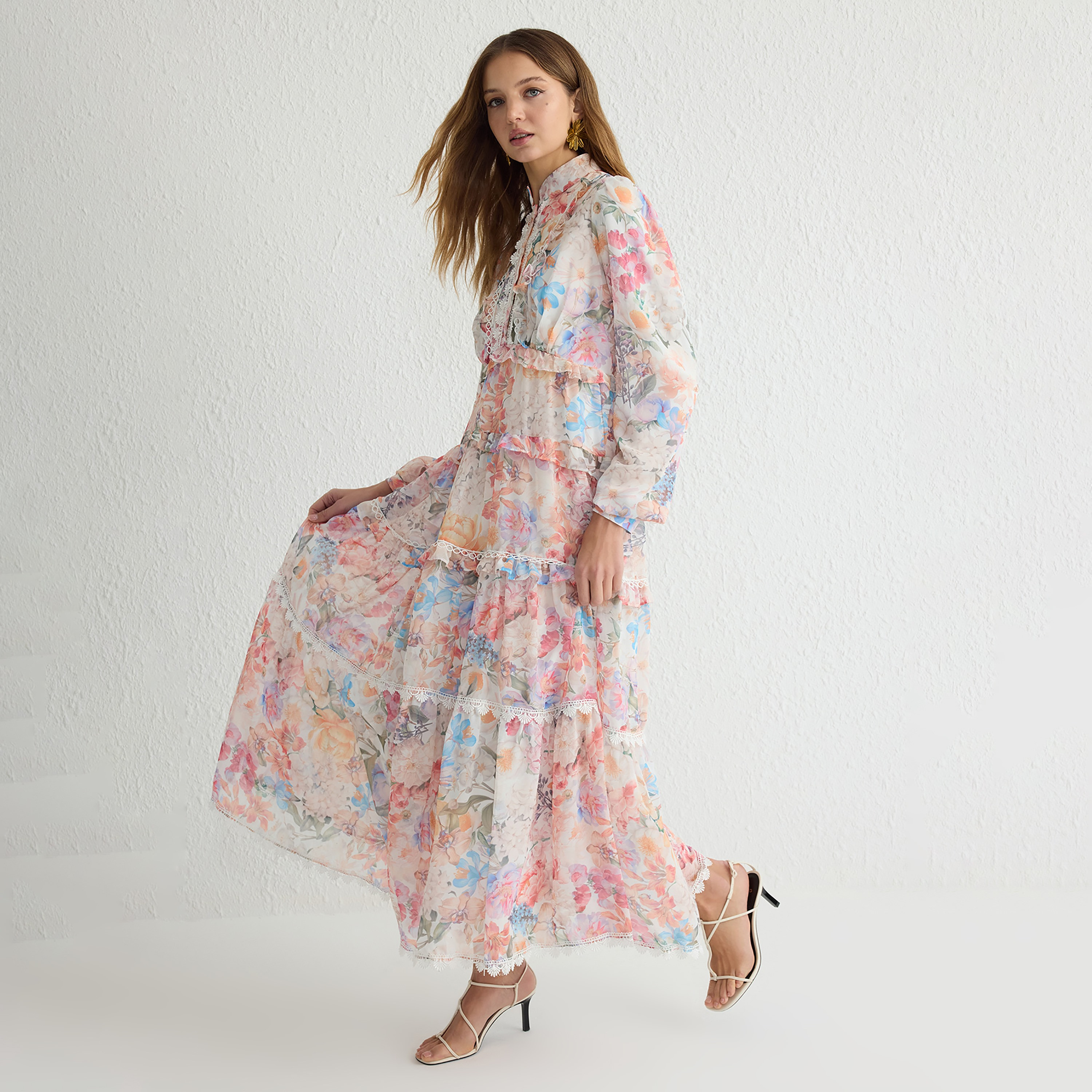 Trendyol Modest Multicolour Floral Print Mandarin Collar Puff Sleeves Tiered Women's Maxi Dress-women-clothing-dresses-image-3