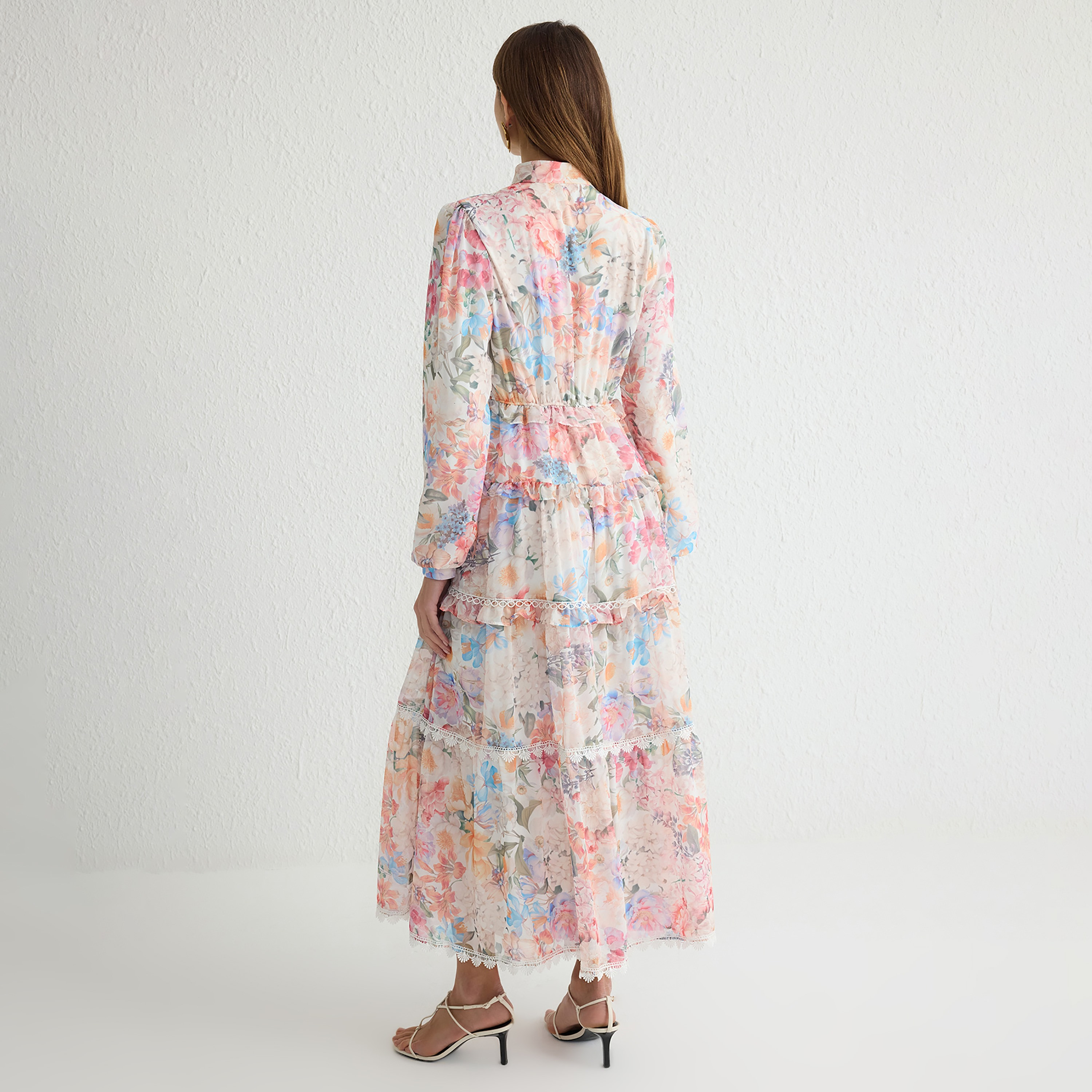 Trendyol Modest Multicolour Floral Print Mandarin Collar Puff Sleeves Tiered Women's Maxi Dress-women-clothing-dresses-image-4