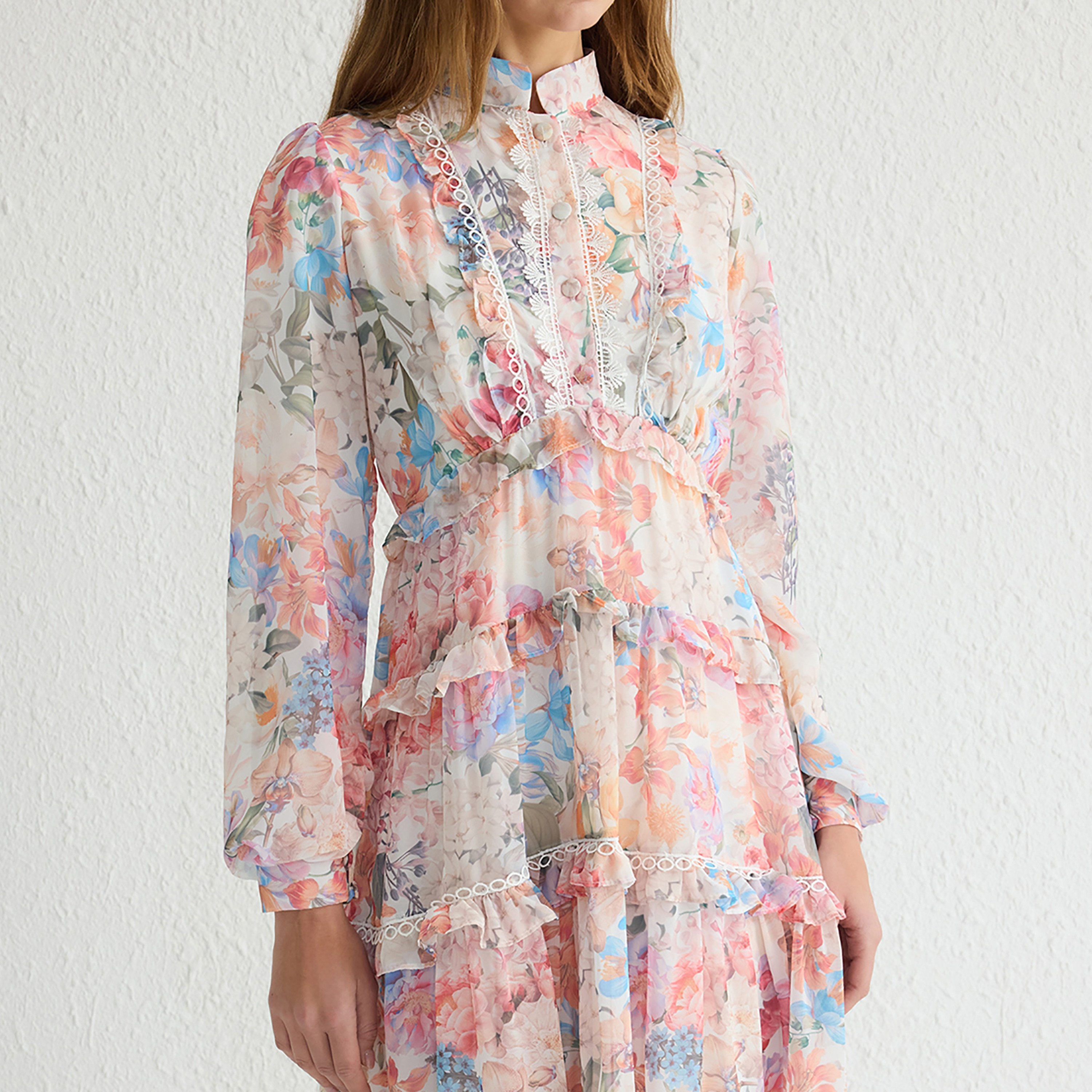 Trendyol Modest Multicolour Floral Print Mandarin Collar Puff Sleeves Tiered Women's Maxi Dress-women-clothing-dresses-image-5