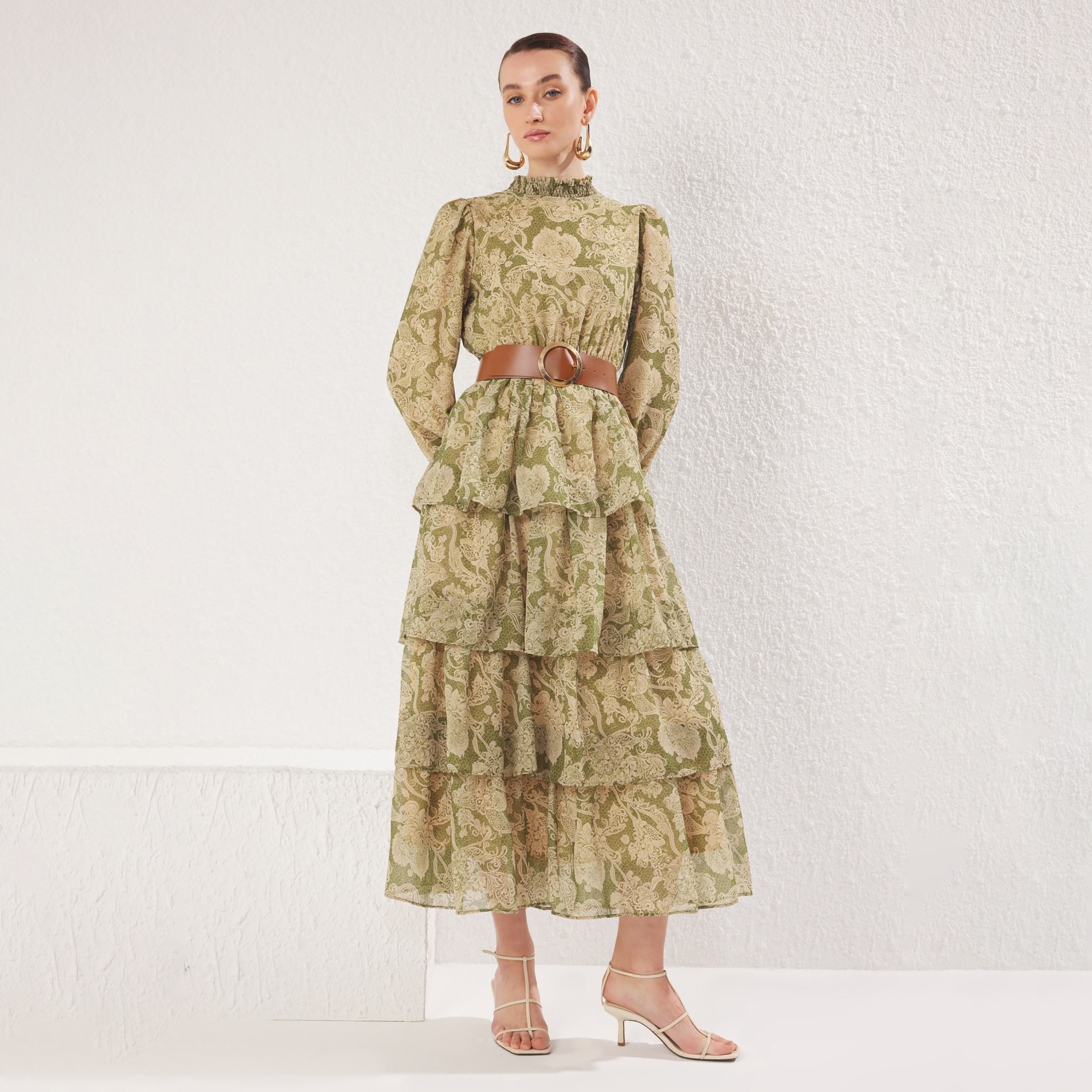 Trendyol Modest Floral Print Chiffon Ruffle Neck Elasticated Cuff Sleeves Layered Women's Midi Dress-women-clothing-dresses-image-1