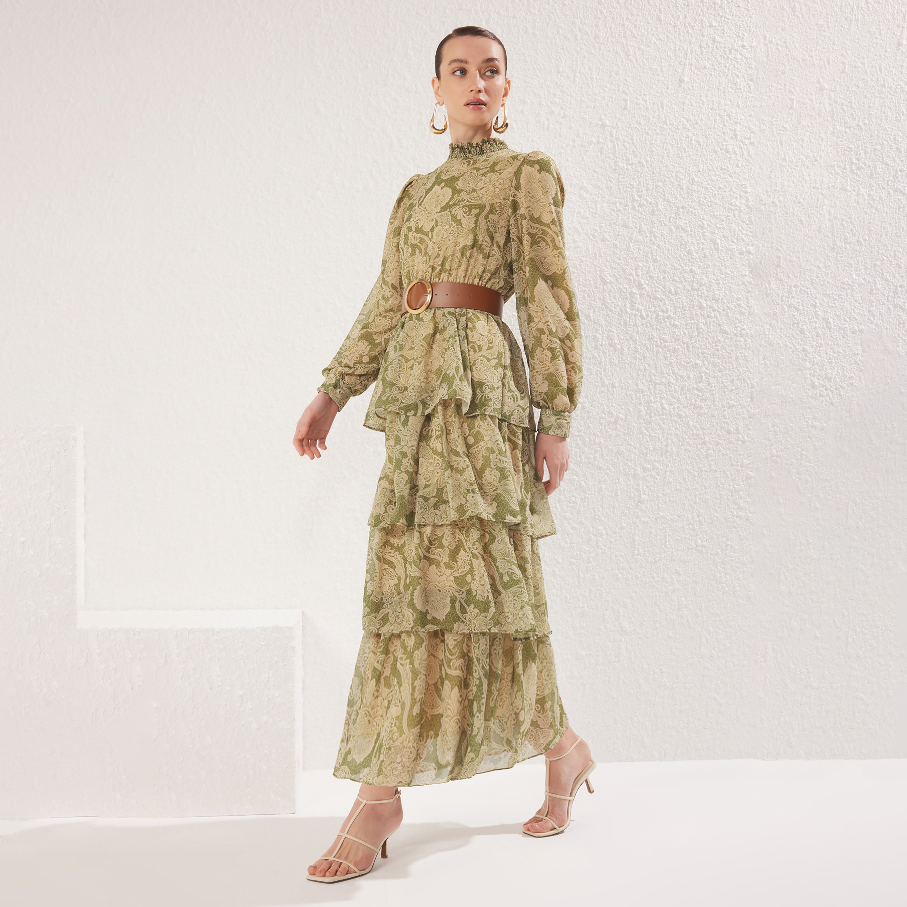Trendyol Modest Floral Print Chiffon Ruffle Neck Elasticated Cuff Sleeves Layered Women's Midi Dress-women-clothing-dresses-image-2