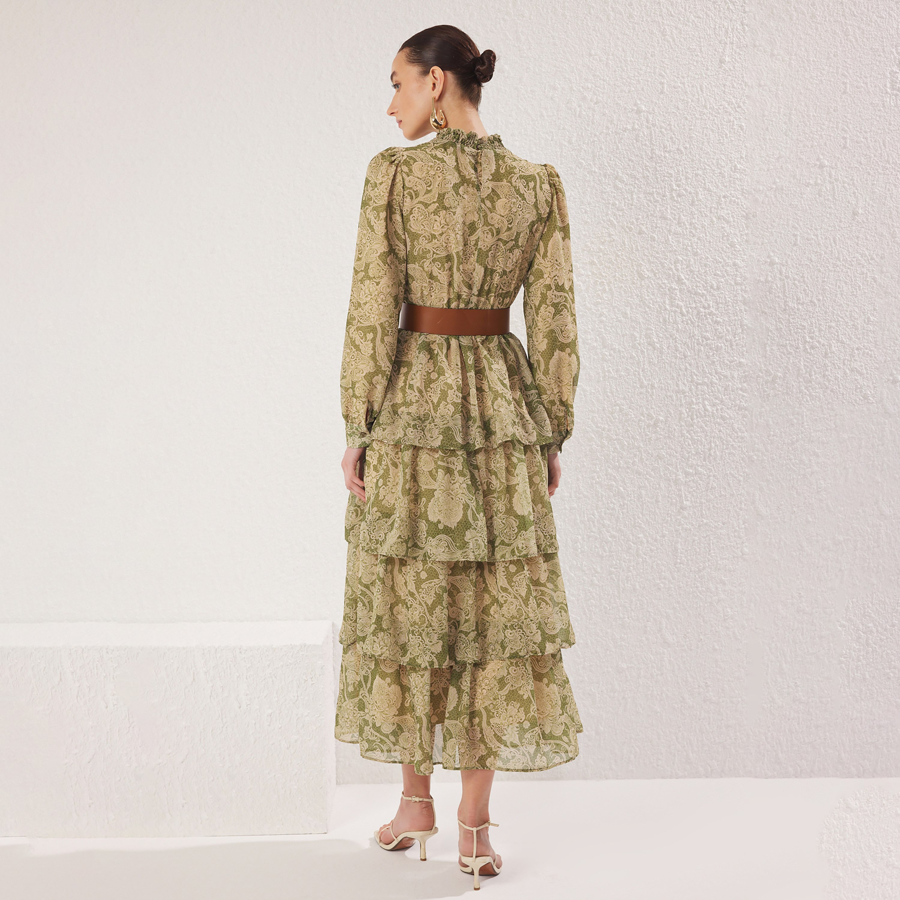 Trendyol Modest Floral Print Chiffon Ruffle Neck Elasticated Cuff Sleeves Layered Women's Midi Dress-women-clothing-dresses-image-3