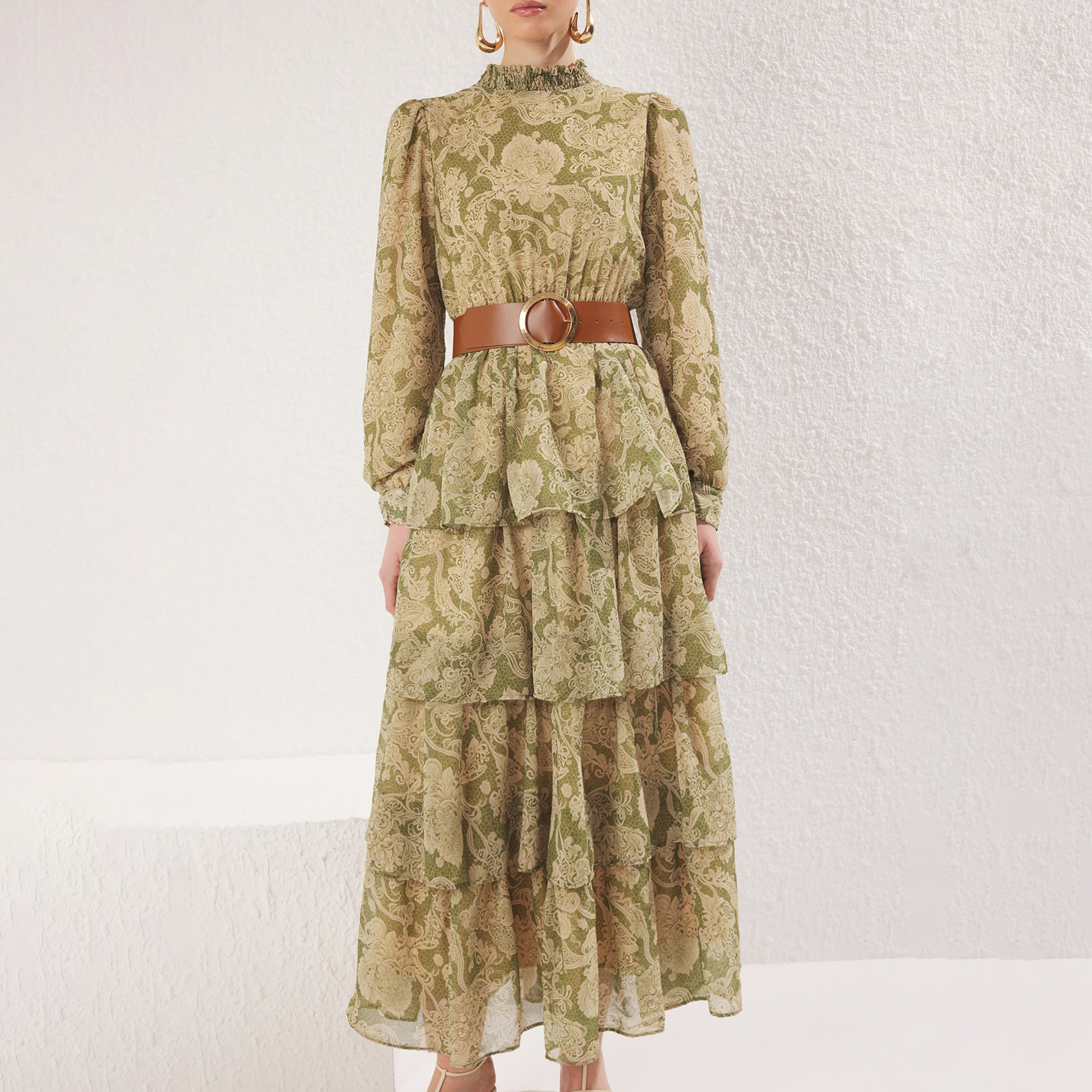 Trendyol Modest Floral Print Chiffon Ruffle Neck Elasticated Cuff Sleeves Layered Women's Midi Dress-women-clothing-dresses-image-4