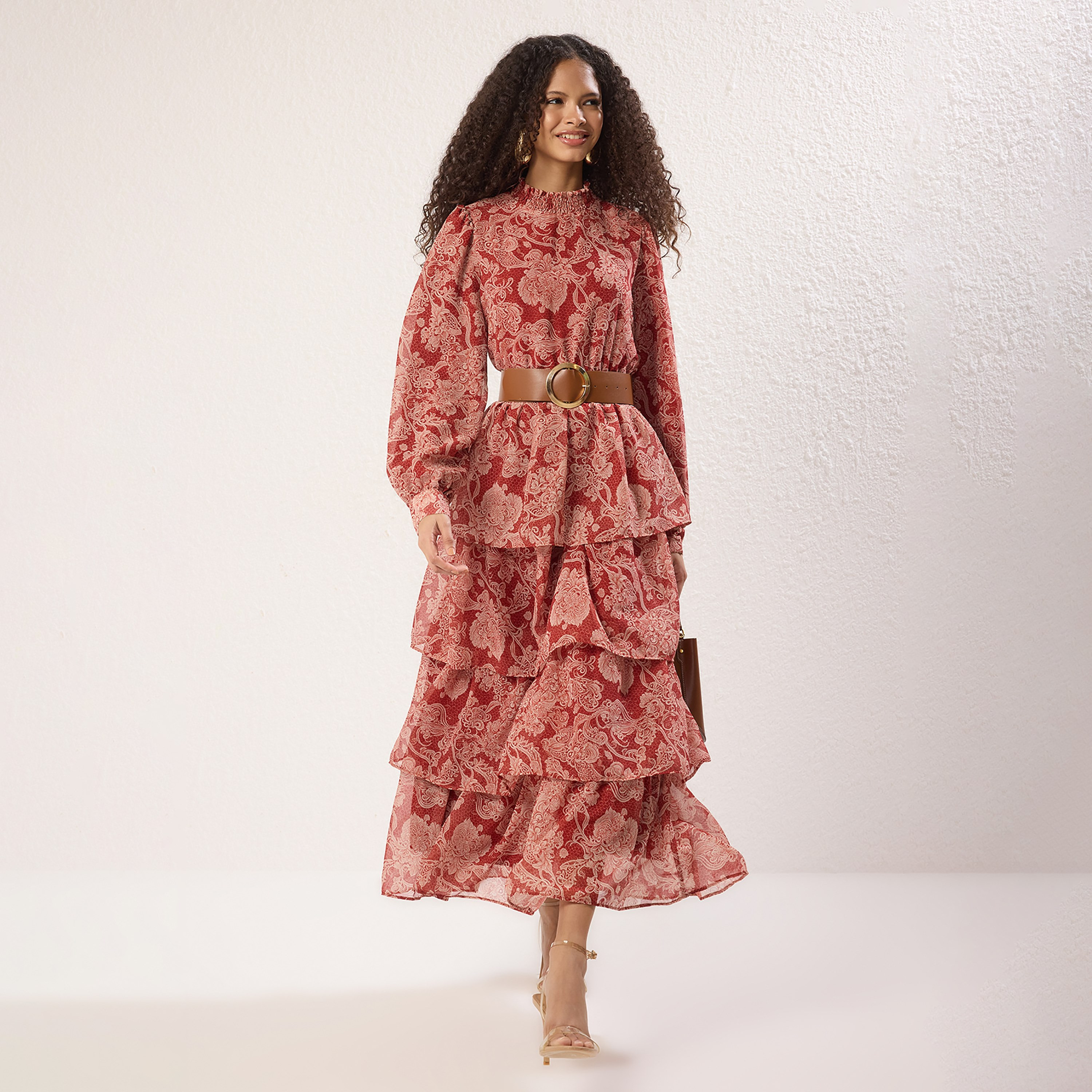 Trendyol Modest Floral Print Chiffon Ruffle Neck Elasticated Cuff Sleeves Layered Women's Midi Dress-women-clothing-dresses-image-1