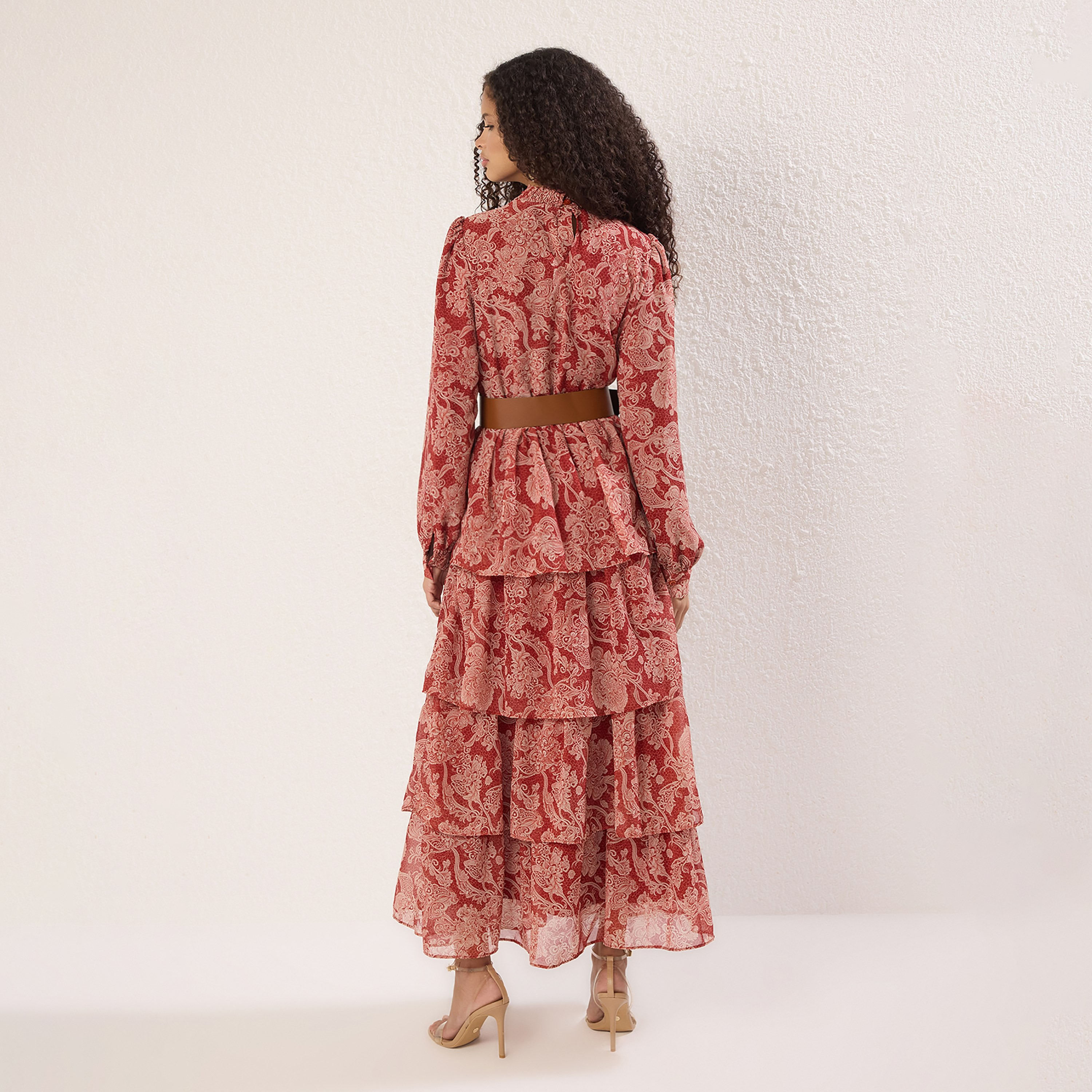 Trendyol Modest Floral Print Chiffon Ruffle Neck Elasticated Cuff Sleeves Layered Women's Midi Dress-women-clothing-dresses-image-3
