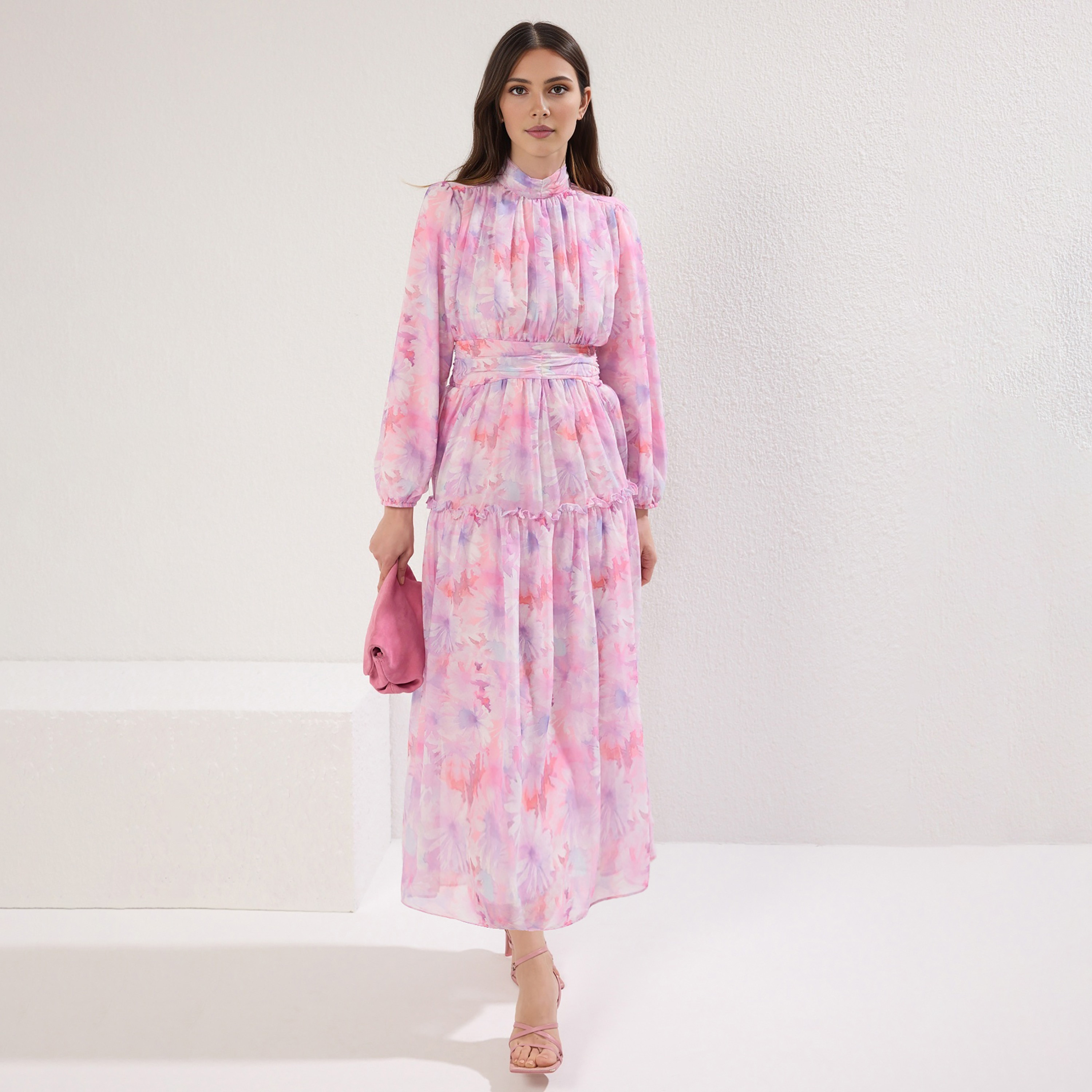 Trendyol Modest Pink Abstract Floral Chiffon Ruffle Neck Fit & Flared Women's Maxi Dress-women-clothing-dresses-image-1