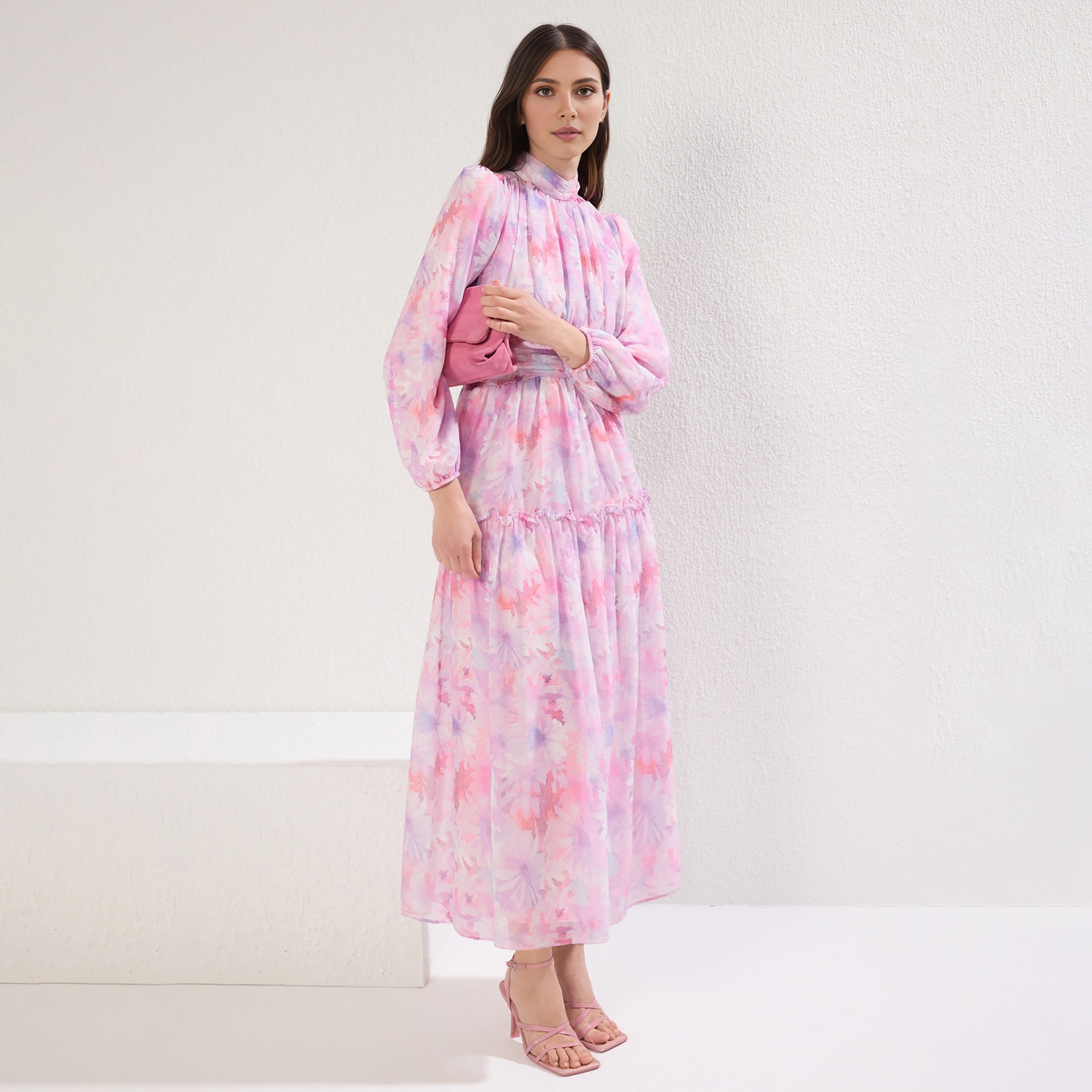 Trendyol Modest Pink Abstract Floral Chiffon Ruffle Neck Fit & Flared Women's Maxi Dress-women-clothing-dresses-image-2