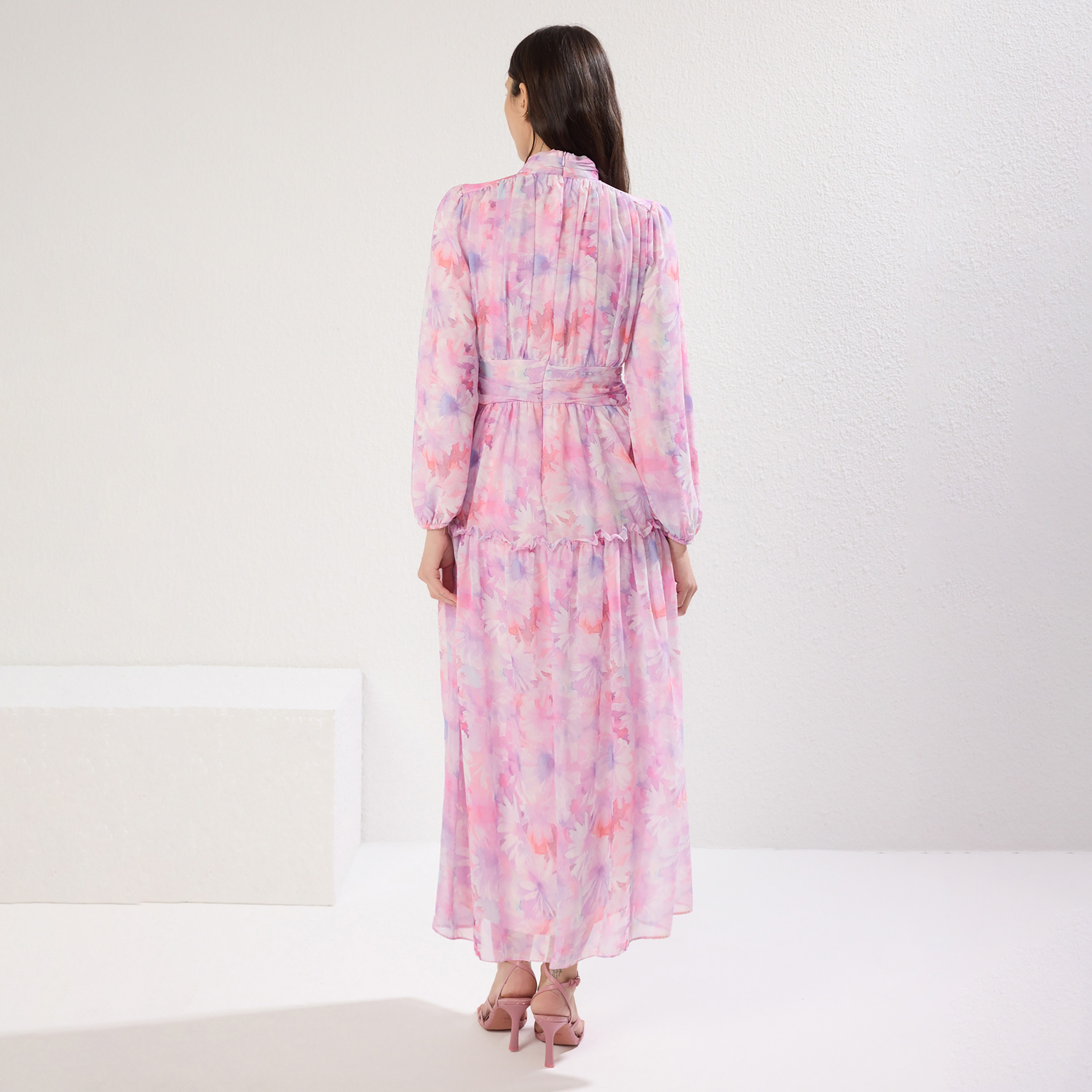 Trendyol Modest Pink Abstract Floral Chiffon Ruffle Neck Fit & Flared Women's Maxi Dress-women-clothing-dresses-image-3