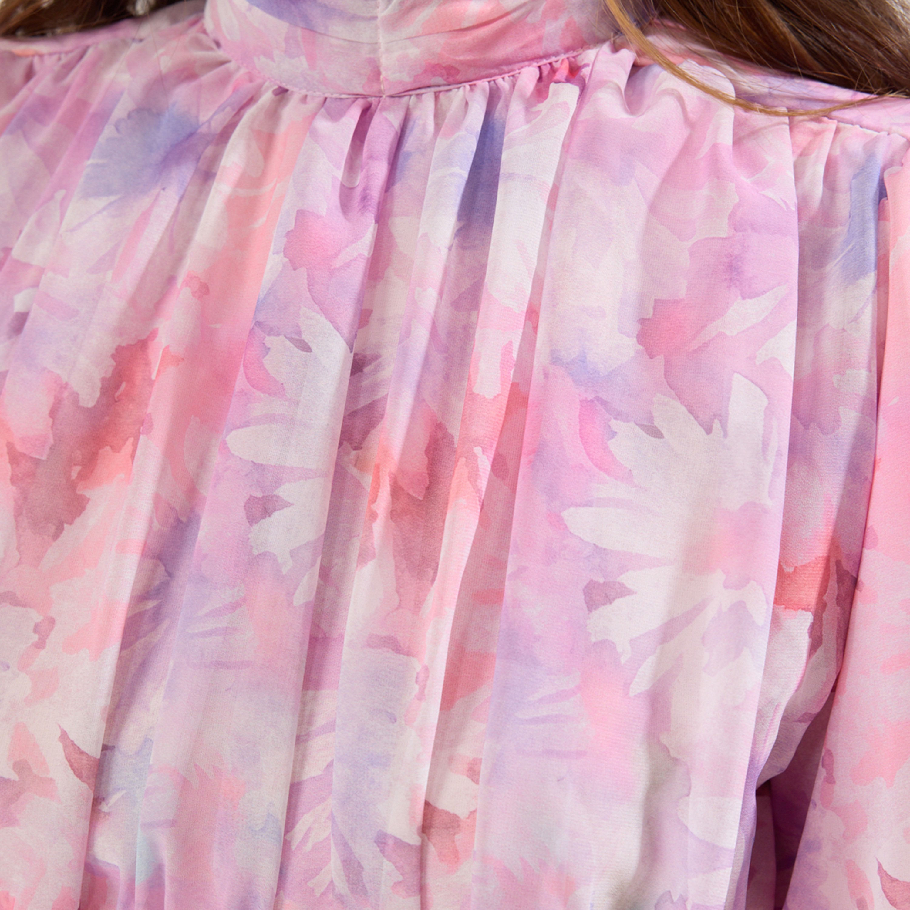 Trendyol Modest Pink Abstract Floral Chiffon Ruffle Neck Fit & Flared Women's Maxi Dress-women-clothing-dresses-image-4