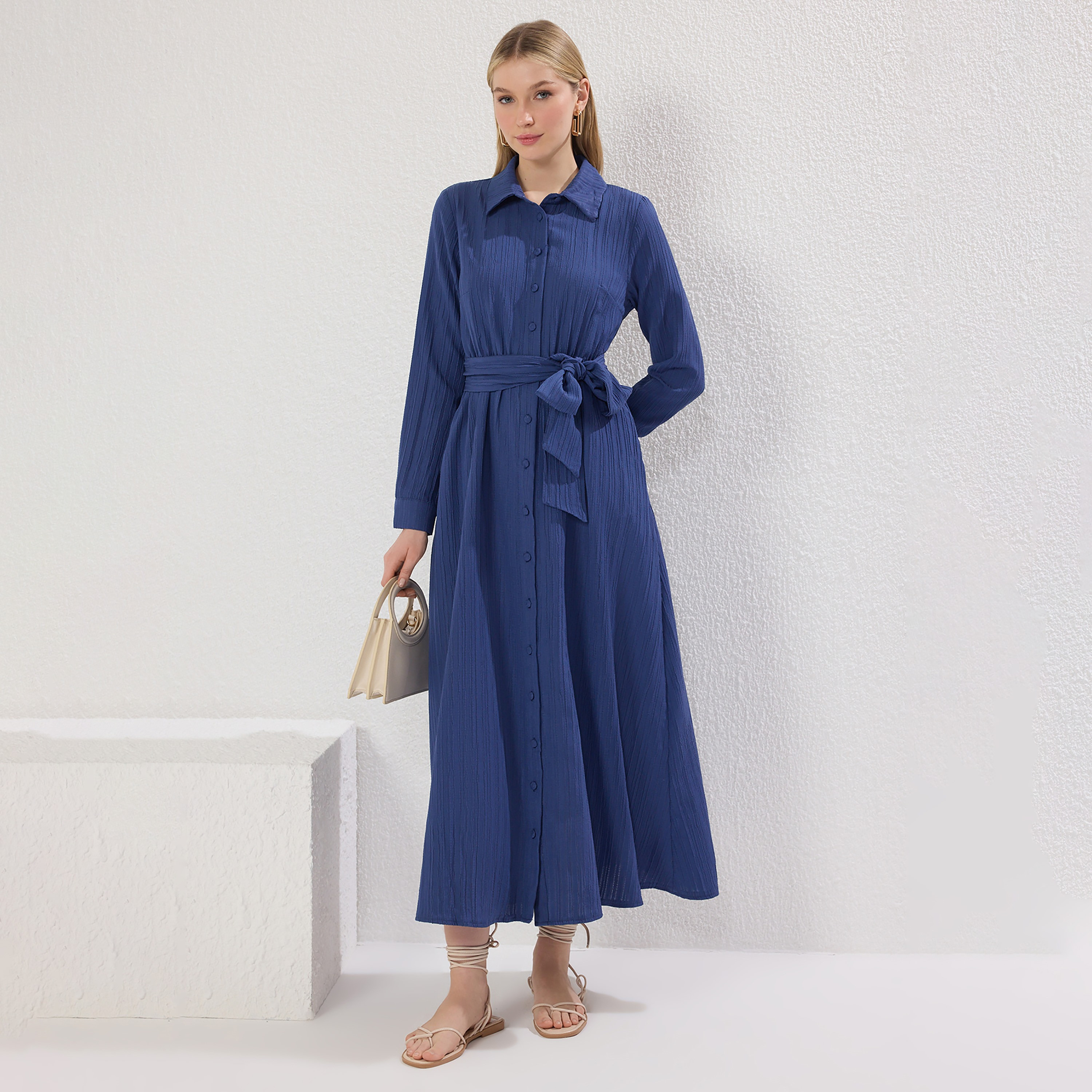 Trendyol Modest Blue Textured Collared Women's Maxi Shirt Dress-women-clothing-dresses-image-2