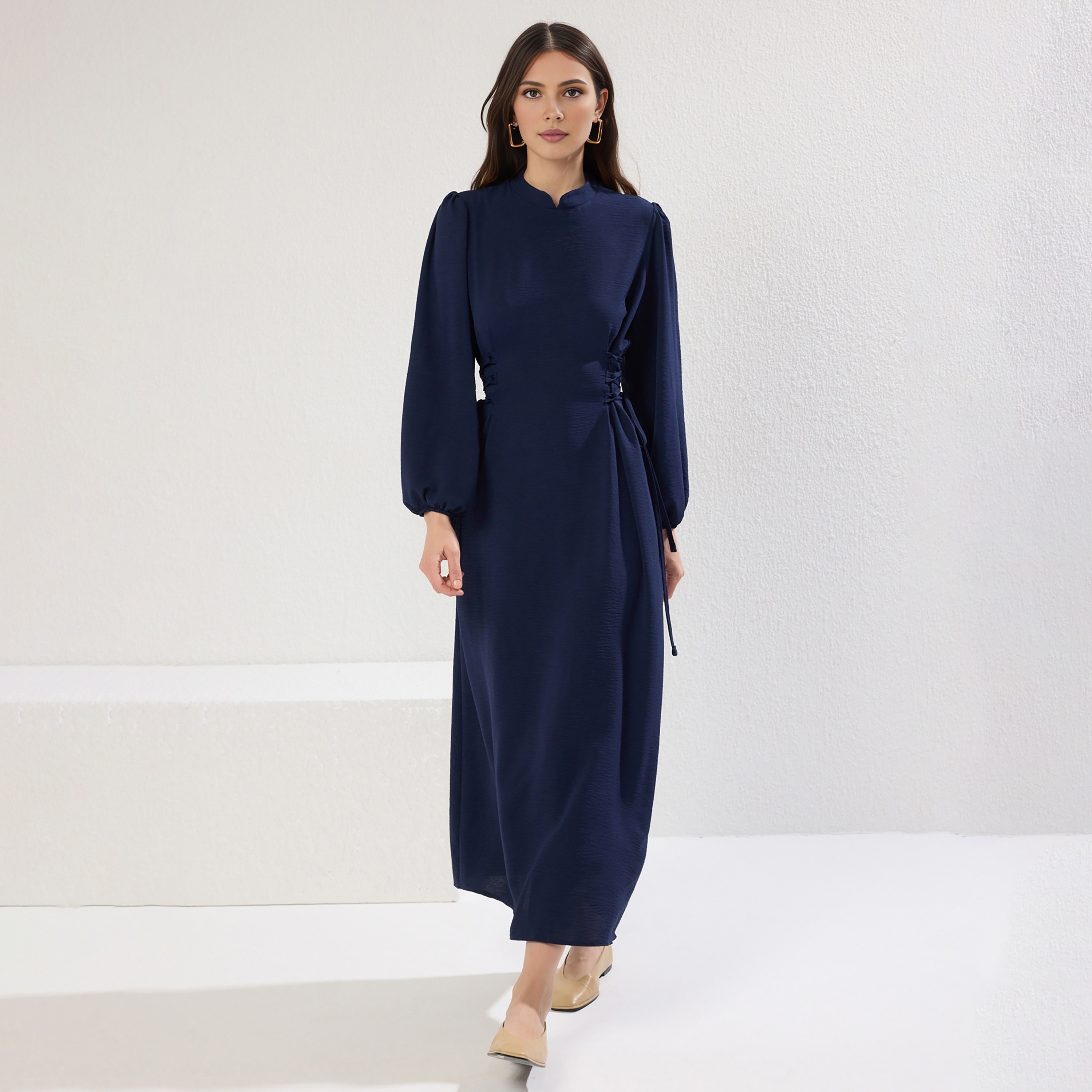 Trendyol Modest Blue Textured Aerobin Mandarin Collar Cuffed Sleeves Fit & Flared Women's Maxi Dress-women-clothing-dresses-image-1