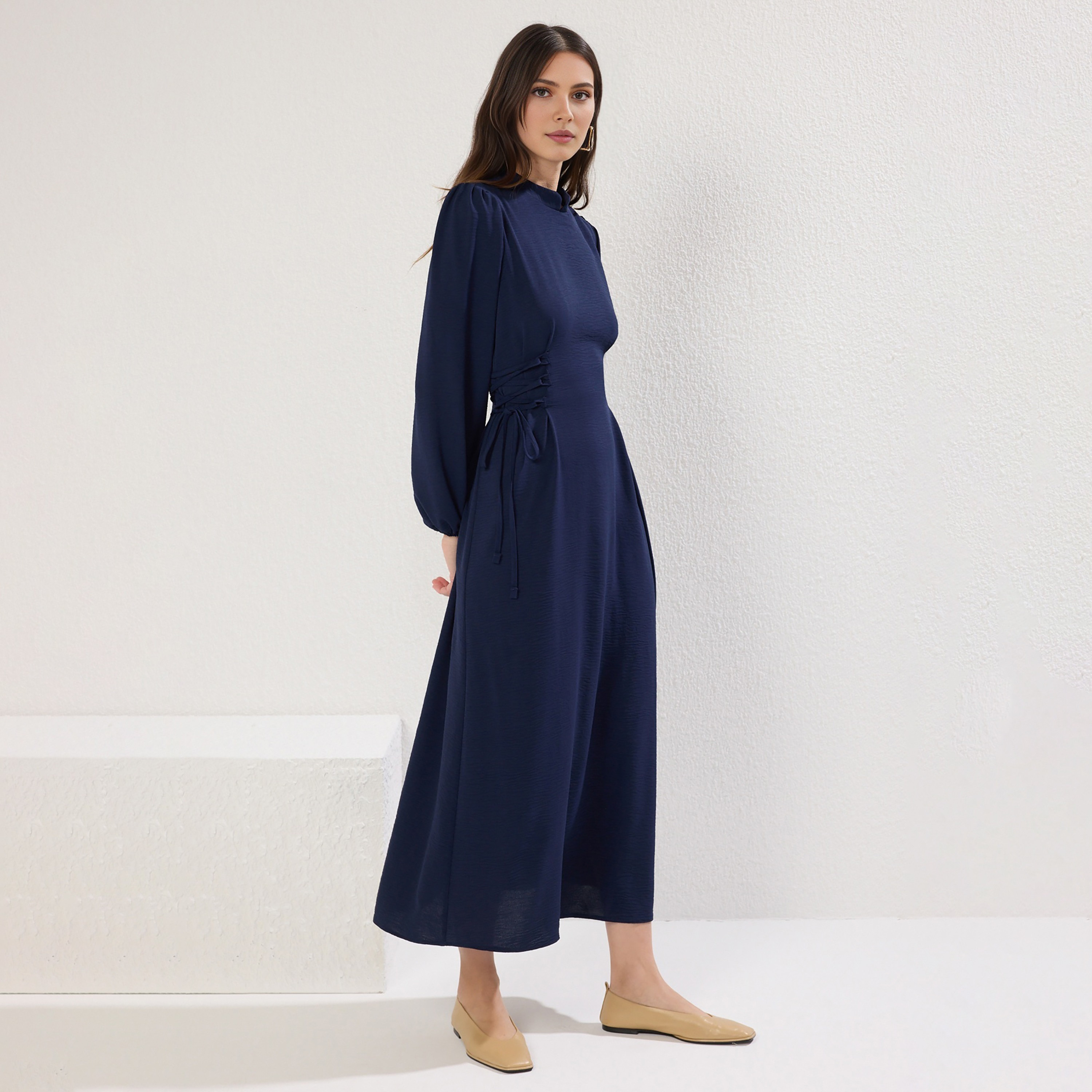 Trendyol Modest Blue Textured Aerobin Mandarin Collar Cuffed Sleeves Fit & Flared Women's Maxi Dress-women-clothing-dresses-image-2
