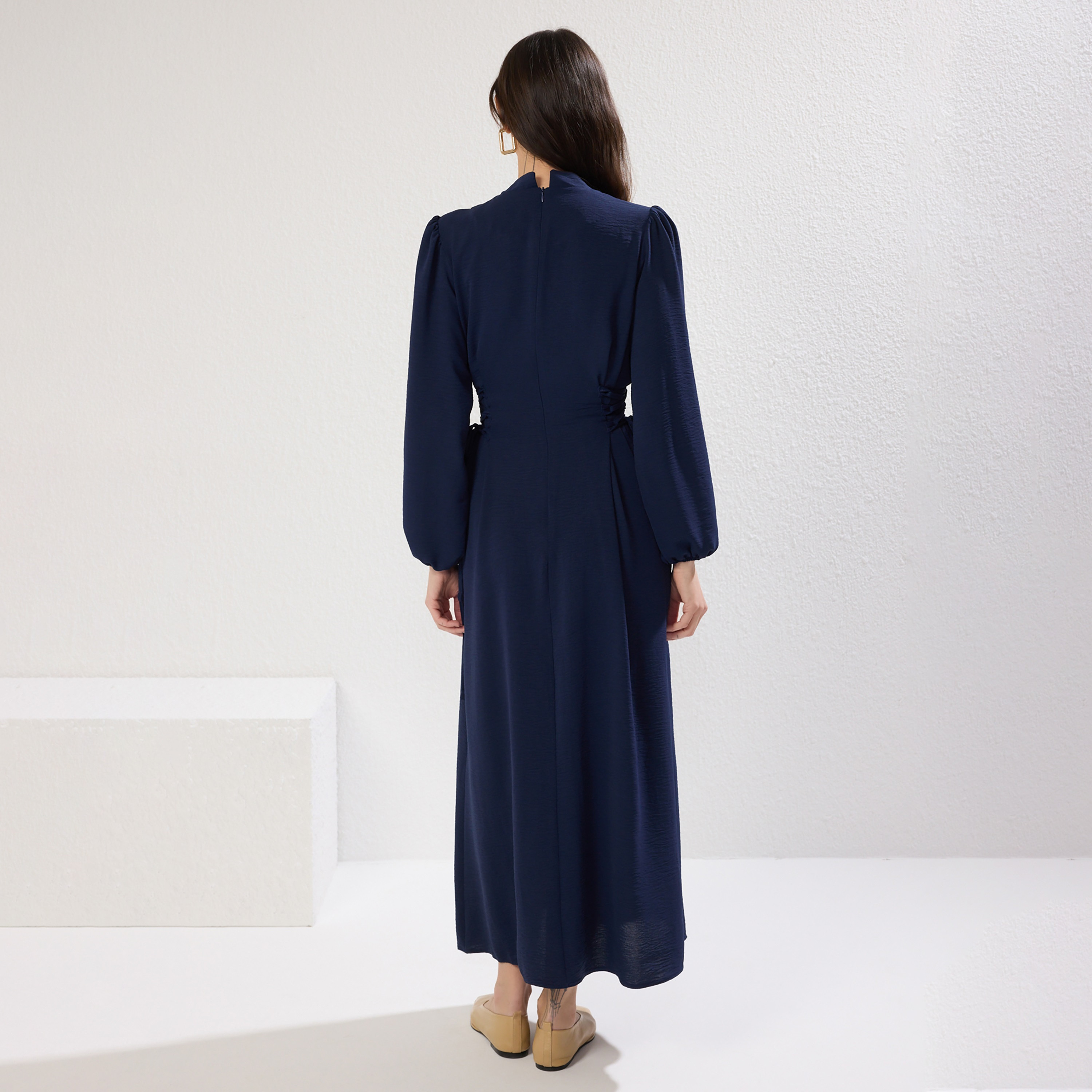 Trendyol Modest Blue Textured Aerobin Mandarin Collar Cuffed Sleeves Fit & Flared Women's Maxi Dress-women-clothing-dresses-image-3