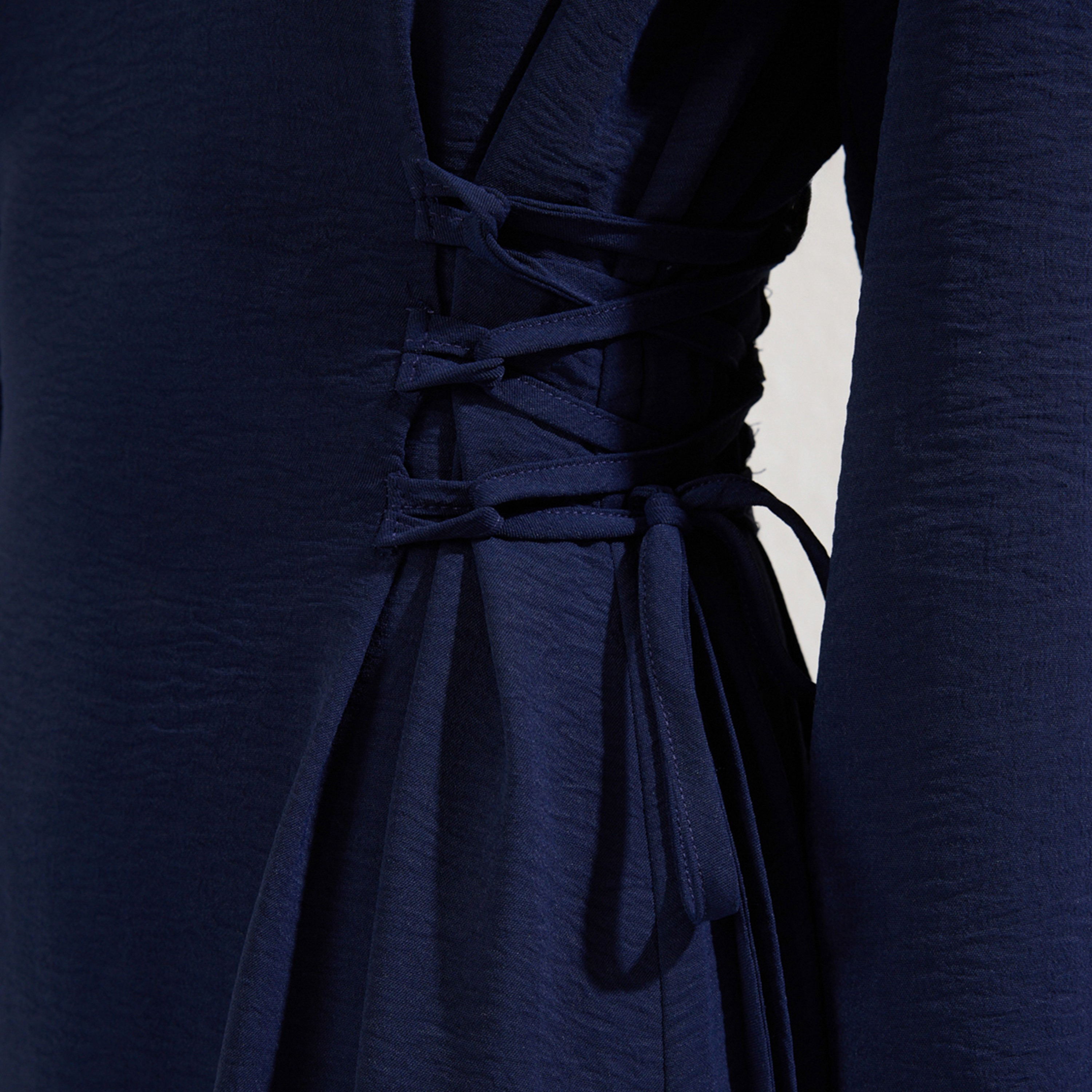 Trendyol Modest Blue Textured Aerobin Mandarin Collar Cuffed Sleeves Fit & Flared Women's Maxi Dress-women-clothing-dresses-image-4