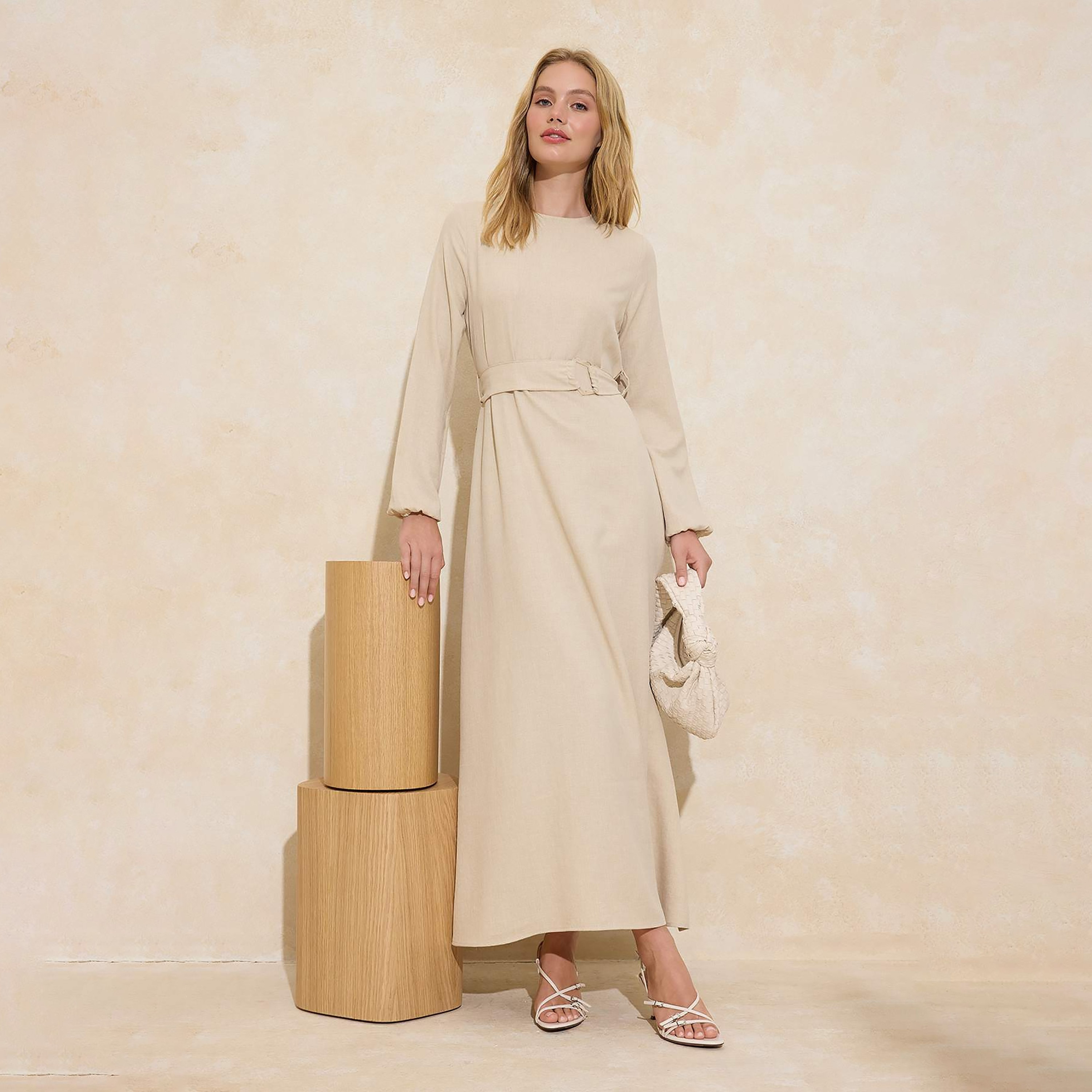 فستان ماكسي حريمي محتشم بأساور مطاطية من ترينديول-women-clothing-dresses-image-1