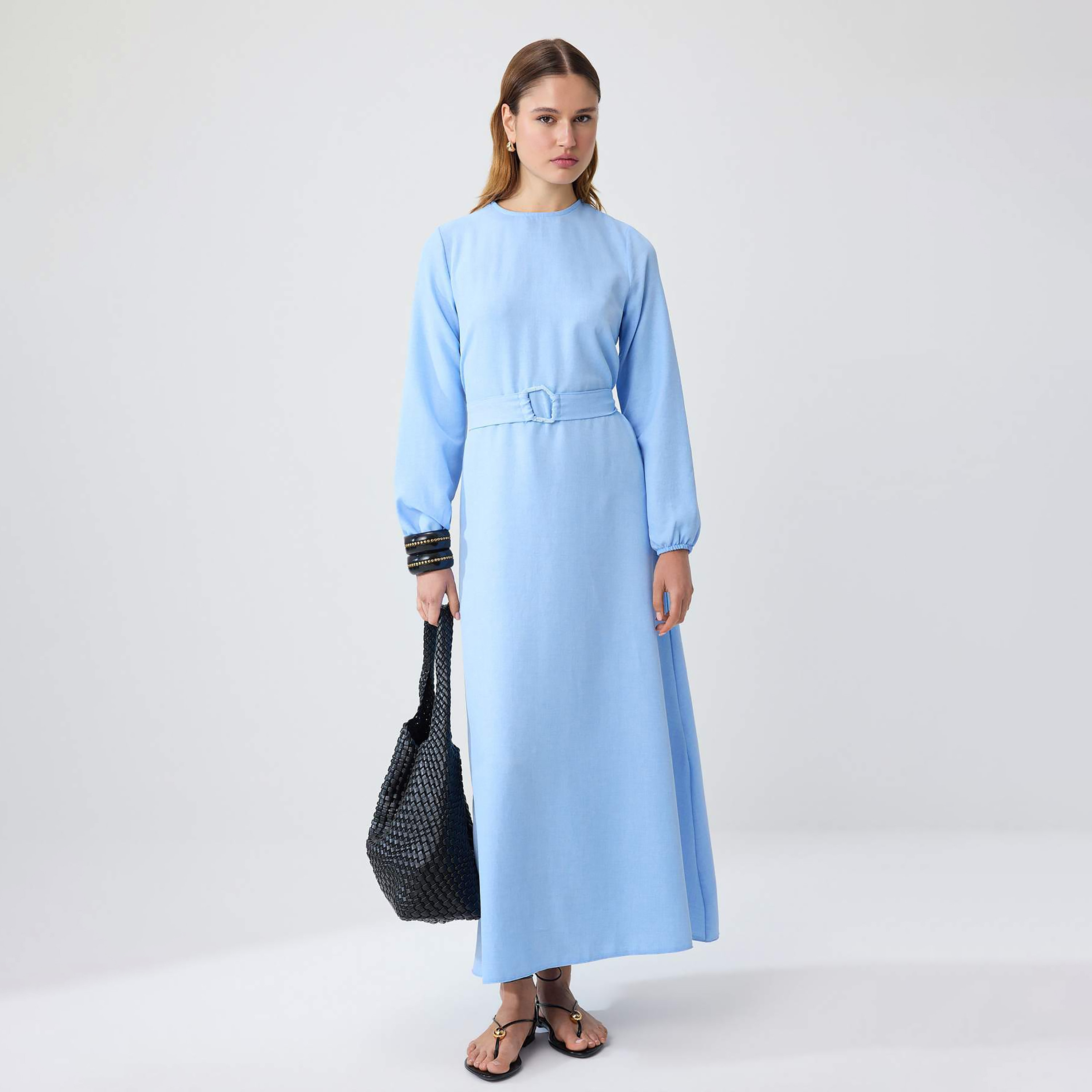 فستان ماكسي حريمي محتشم بأساور مطاطية من ترينديول-women-clothing-dresses-image-1