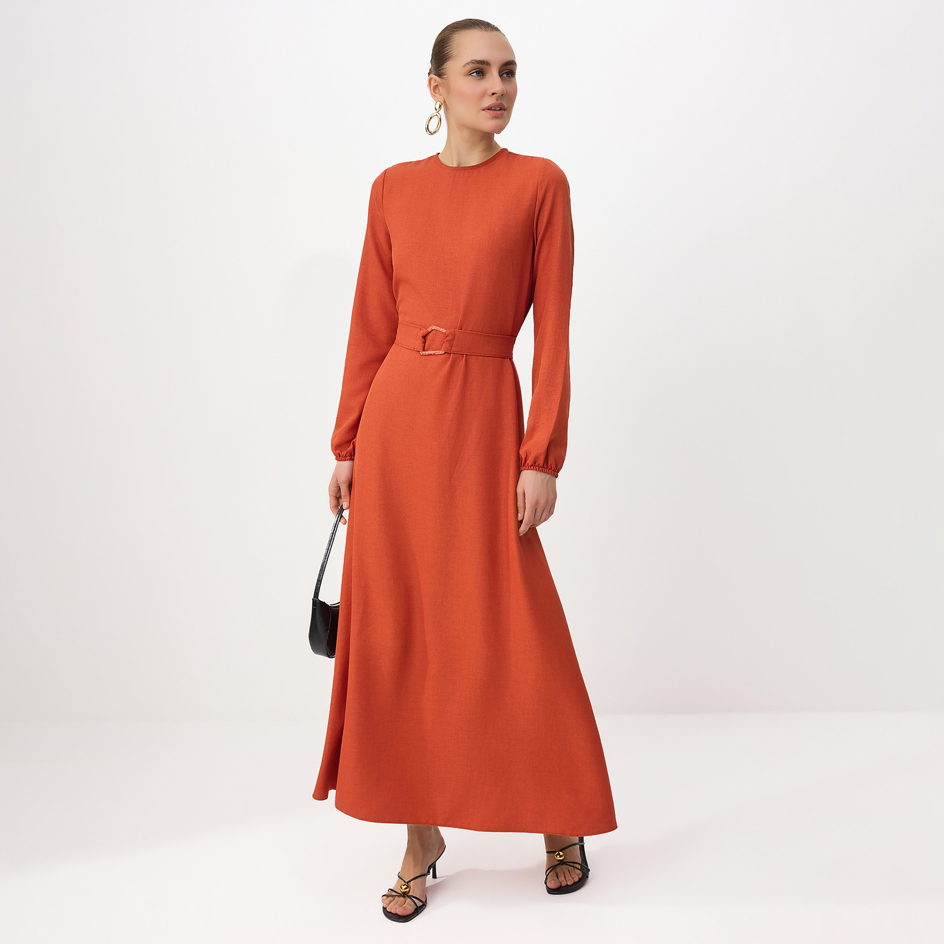 فستان ماكسي حريمي محتشم بأساور مطاطية من ترينديول-women-clothing-dresses-image-1